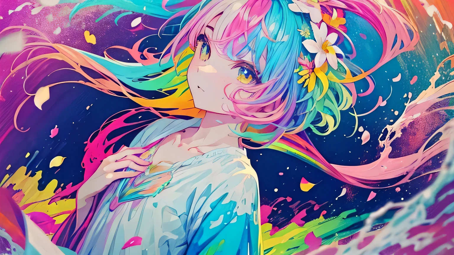 (Colorful hair: 1.8), (all colors of the rainbow: 1.8),(((((Vertical painting:1.6))), (Painting:1.6),Front, Comics, Illustrations, painting of a, largeeyes, Crystal clear eyes,( rainbow color gradient high ponytail:1.7), Exquisite makeup, smile face,(Small Fresh: 1.5),(Wipe Chest: 1.6) ,Long eyelashes, white off-the-shoulder T-shirt, White Shoulder Shirt,staring towards the viewer, watery big eyes, (Rainbow-colored hair:1.6), colored splashing, (Solo:1.8), colored splashing, Color explosion, Thick Paint Style, Messy lines, ((Shining)),(Colorful), (Colorful), (Colorful), Colorful, Thick Paint Style, (Splash) (colored splashing), Vertical painting, Upper body, Paint splashes, Acrylic Pigment, Gradient, Paint, Highest image quality, Highest quality, masutepiece, Solo, depth of fields, facepaint, multicolored clothing, (elegant: 1.2), Gorgeous,Long hair, Wind, (elegant: 1.3), (Flower petals: 1.4),(((masutepiece))),(((Best quality))),((Ultra-detailed)),(illustration),(Dynamic Angle),((Floating)),(Paint),((Disheveled hair)),(Solo),(1girl in) , (((Detailed anima face))),((beautifull detailed face)),Collar,Bare shoulders,White hair, ((Colorful hair)),((striated hair)),Beautiful detailed eyes,(Gradient color eyes),(((Colorful eyes))),(((Colorful background))),(((High color saturation))),(((Surrounded by colorful splashes))), big breast