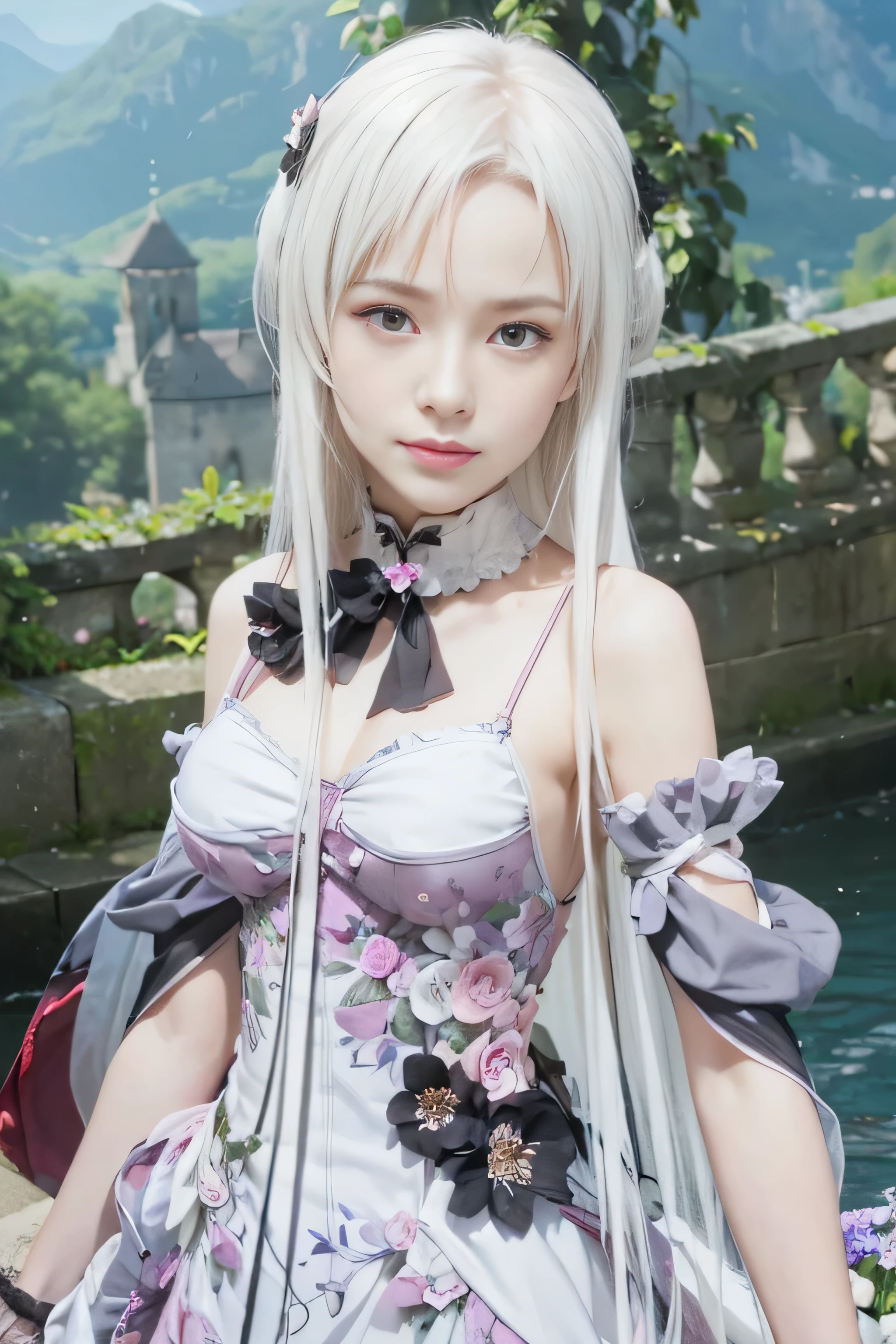 Realistic,masterpiece, best quality, (realistic,photo-realistic:1.4), (RAW photo:1.2),extremely detailed CG unity 8k wallpaper, delicate and beautiful, amazing,finely detail, official art, absurdres, incredibly absurdres, huge filesize, ultra-detailed,extremely detailed eyes and face, light on face,yuuki asuna,little smile,(white hair:1.3),long hair,(wearing black flower dess:1.4),(medium breast:1.3),castle backgrounds,white choker