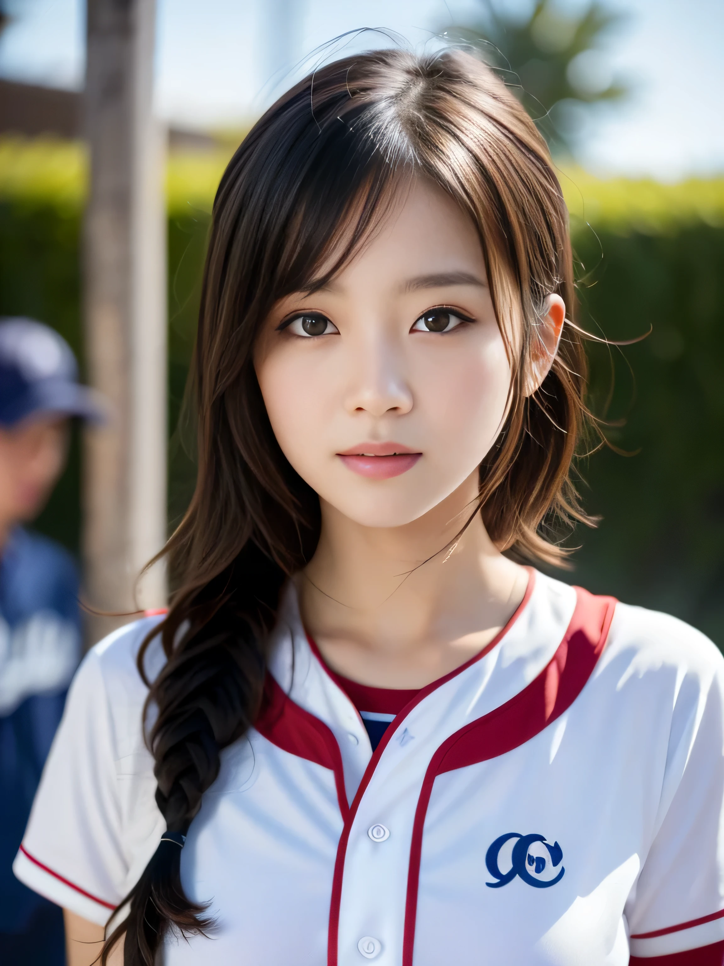 (8k, RAW photo, highest quality, masterpiece: 1.2), masterpiece, 超be familiar with, 超High Resolution A, (realistic and realistic photos: 1.37), High-definition RAW color photo, very delicate and beautiful., Quite be familiar with, 8k wallpaper, wonderful, be familiar with, very fine eyes, 非常にbe familiar withな肌, very thin fingers, 非常にbe familiar withな鼻, 非常にbe familiar withな口, perfect anatomy,1 girl, (baseball uniform), that&#39;It&#39;s hazy, blurred background, blurred foreground, blush, Braid, Pectoral muscle, written boundary depth, eyebrows visible through hair, with ruffles, hair between eyes, court, jewelry, looking up at the audience, short hair, sitting, alone, tits huge、Nogizaka Idol、korean idol、fiery idol pose、porn star、18-year-old、expensive、korean idol、Nogizaka Idol、porn star、fiery idol pose、((whole body))