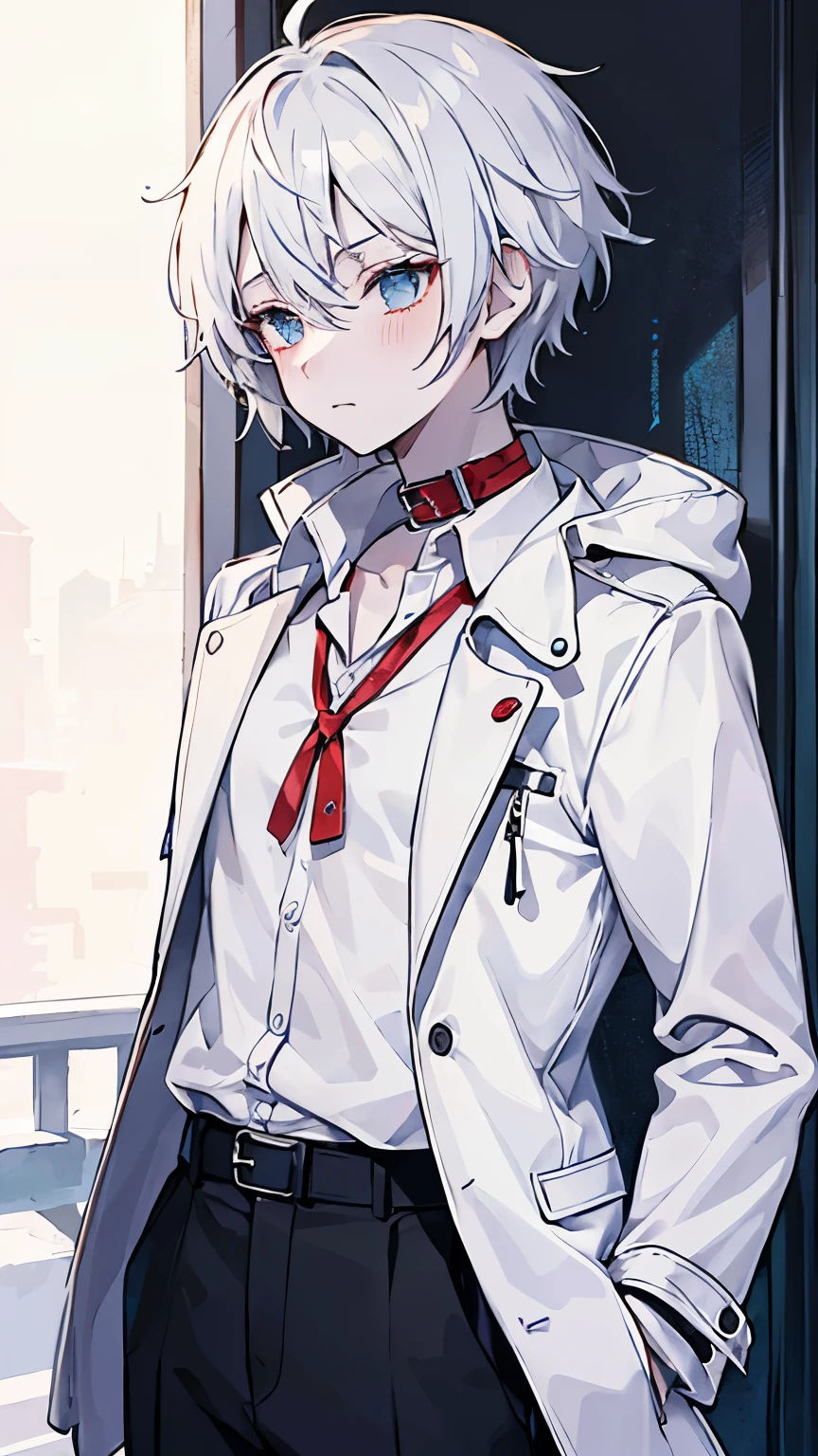 (1 boy), (two people), edgy style, white short hair, messy hair, goth clothes, athletic body, pale skin, ((high quality)), ((hd)), (very detailed), strong body, collar, (1 girl) , blue short hair, side bangs, blushing cheeks, business clothes, coat, collar, ((high quality)), anime 