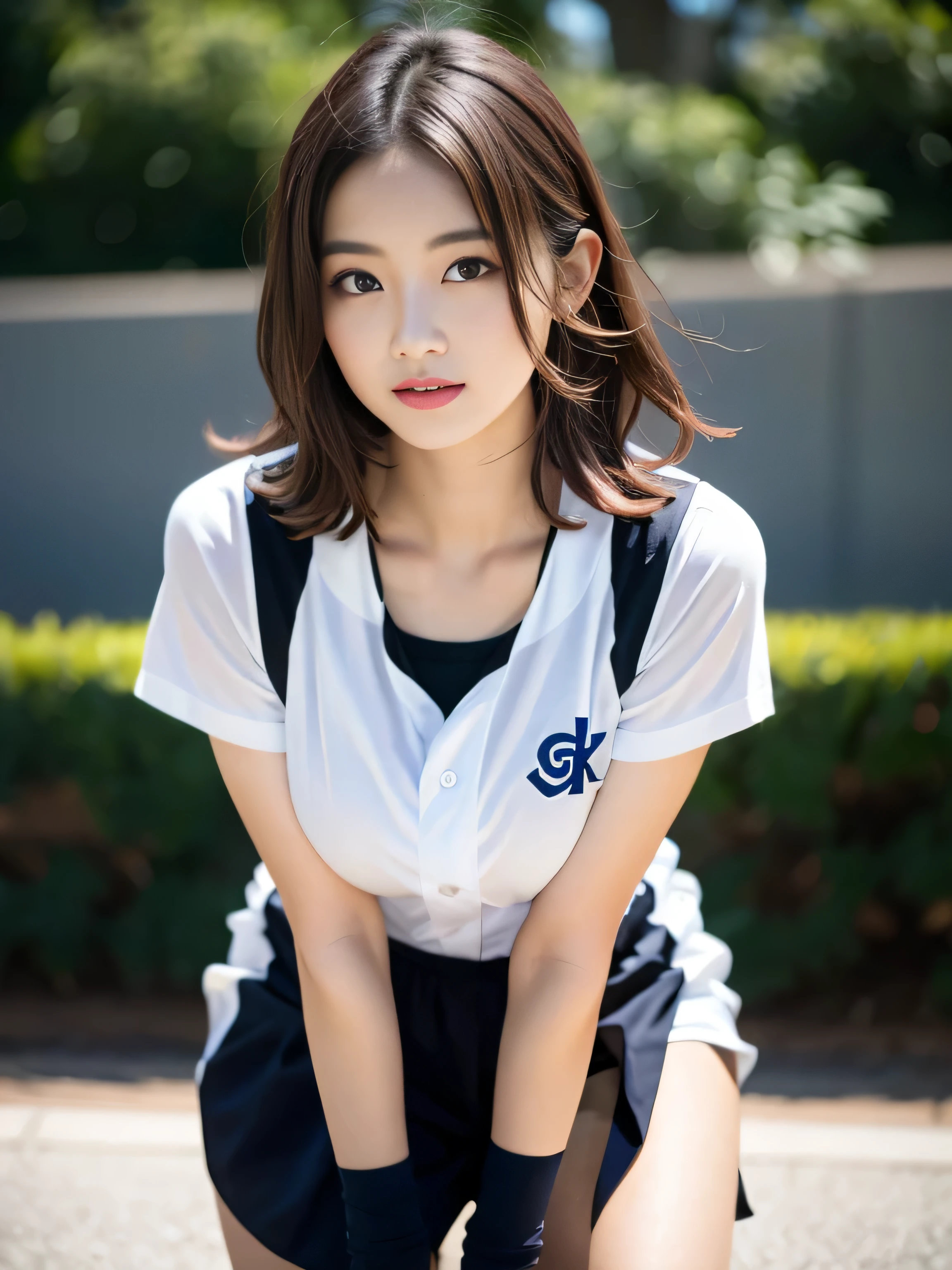 (8k, RAW photo, highest quality, masterpiece: 1.2), masterpiece, Super detailed, Ultra high decomposition energy A, (realistic and realistic photos: 1.37), High-definition RAW color photo, very delicate and beautiful., About iGree, 8k wallpaper, wonderful, be familiar with, 非常にbe familiar withな目, 非常にbe familiar withな肌, very thin fingers, 非常にbe familiar withな鼻, 非常にbe familiar withな口, perfect anatomy,1 girl, (baseball uniform), that'It's hazy, blurred background, blurred foreground, blush, Braid, Pectoral muscle, written boundary depth, eyebrows visible through hair, with ruffles, hair between eyes, court, gem, look up at the audience, short hair, sitting, alone, big breasts、Nogizaka Idol、korean idol、fiery idol pose、 star、18-year-old、expensive、korean idol、Nogizaka Idol、 star、fiery idol pose、((Full body Esbian)), ((sculpture pose))