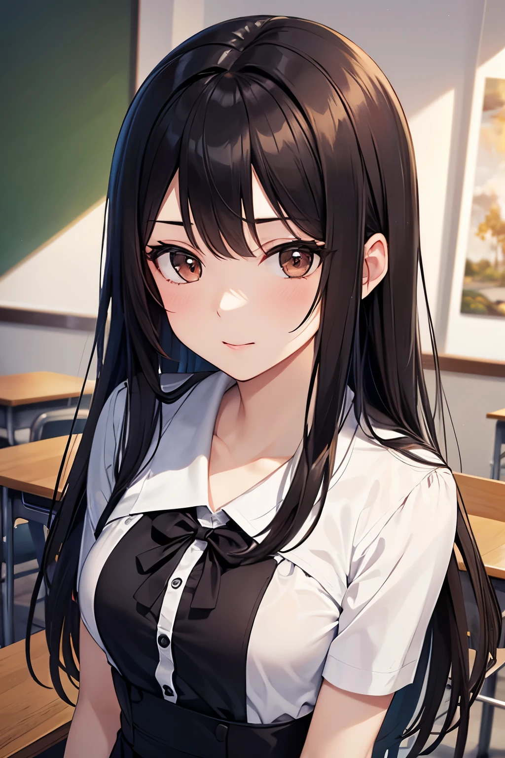 ((highest quality)),(ultra high resolution),(Super detailed),(detailed description),((best CG)),(best work of art),super precision art,great drawing art,(Art with precise details:1.5), Portrait:1.6,bust shot:1.4,(1 woman:1.5),beautiful and well-shaped face:1.5、 Japanese、girl,Slender、small face、brown eyes、tall、 highres,black hair、long hair、classroom、uniform、、Are standing、Mature