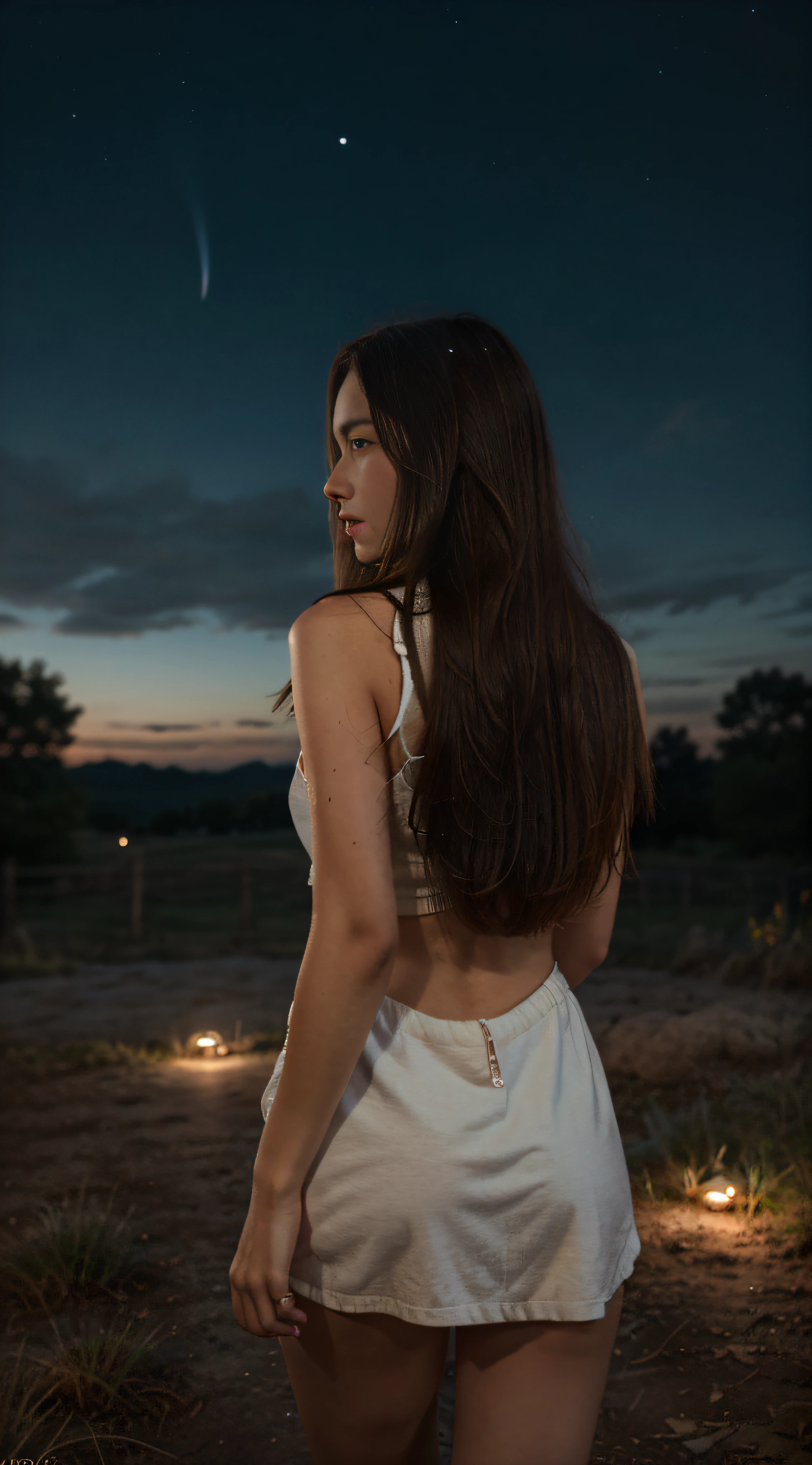 Fotografia de uma linda garota, from behind, terreno aberto, Night sky, Stargazing, lindas estrelas cintilantes, foto reduzida, longos cabelos castanhos, fotorrealista, fotografia, phone camera, natural lighting, high resolution, extremamente detalhado, Realistic lighting, rosto natural, influenciador, Baixa fidelidade, pointing at Night sky, looking away from the camera, back to camera, point to a very dark sky, Contraste