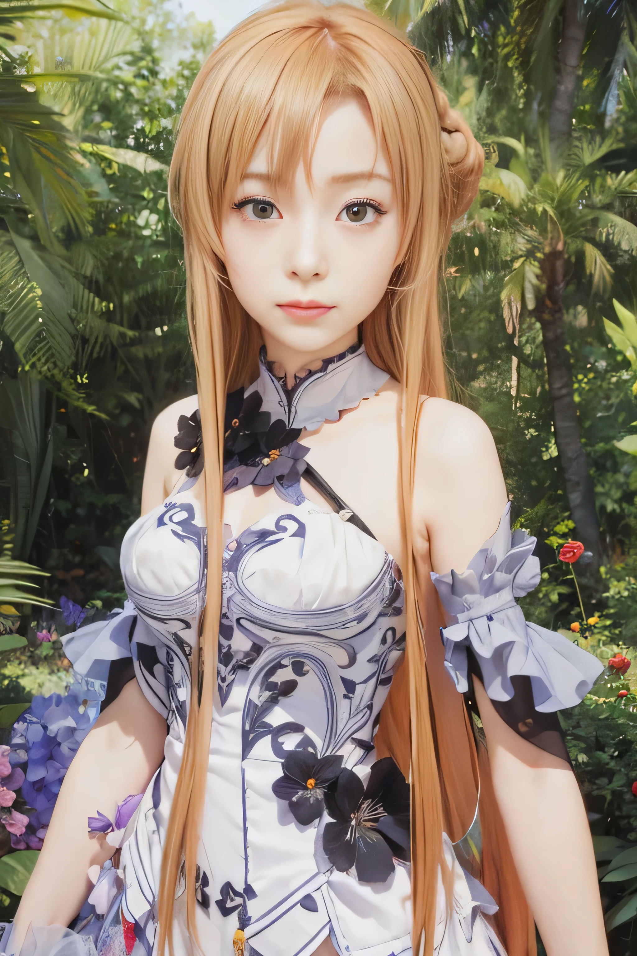Realistic,masterpiece, best quality, (realistic,photo-realistic:1.4), (RAW photo:1.2),extremely detailed CG unity 8k wallpaper, delicate and beautiful, amazing,finely detail, official art, absurdres, incredibly absurdres, huge filesize, ultra-detailed,extremely detailed eyes and face, light on face,yuuki asuna,little smile,(caramel hair:1.3),long hair,(wearing black flower dress:1.4),(medium breast:1.3),coconut trees,white choker