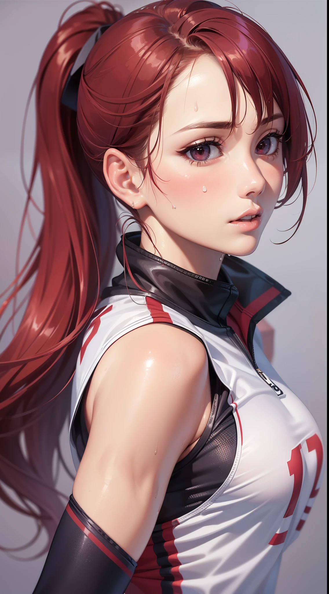 masterpiece:1.2, best quality), realistic, (real picture, intricate details, depth of field),
 (1girl, solo), make up, parted lips, highly-detailed, perfect face, (medium breasts:1.4), small waist, tall, 
glossy coral lips, red hairs, red eyes, ponytail, (A girl playing volleyball, white volleyball uniform),
 (sweating:1.2), (wet), sexy, blushing,