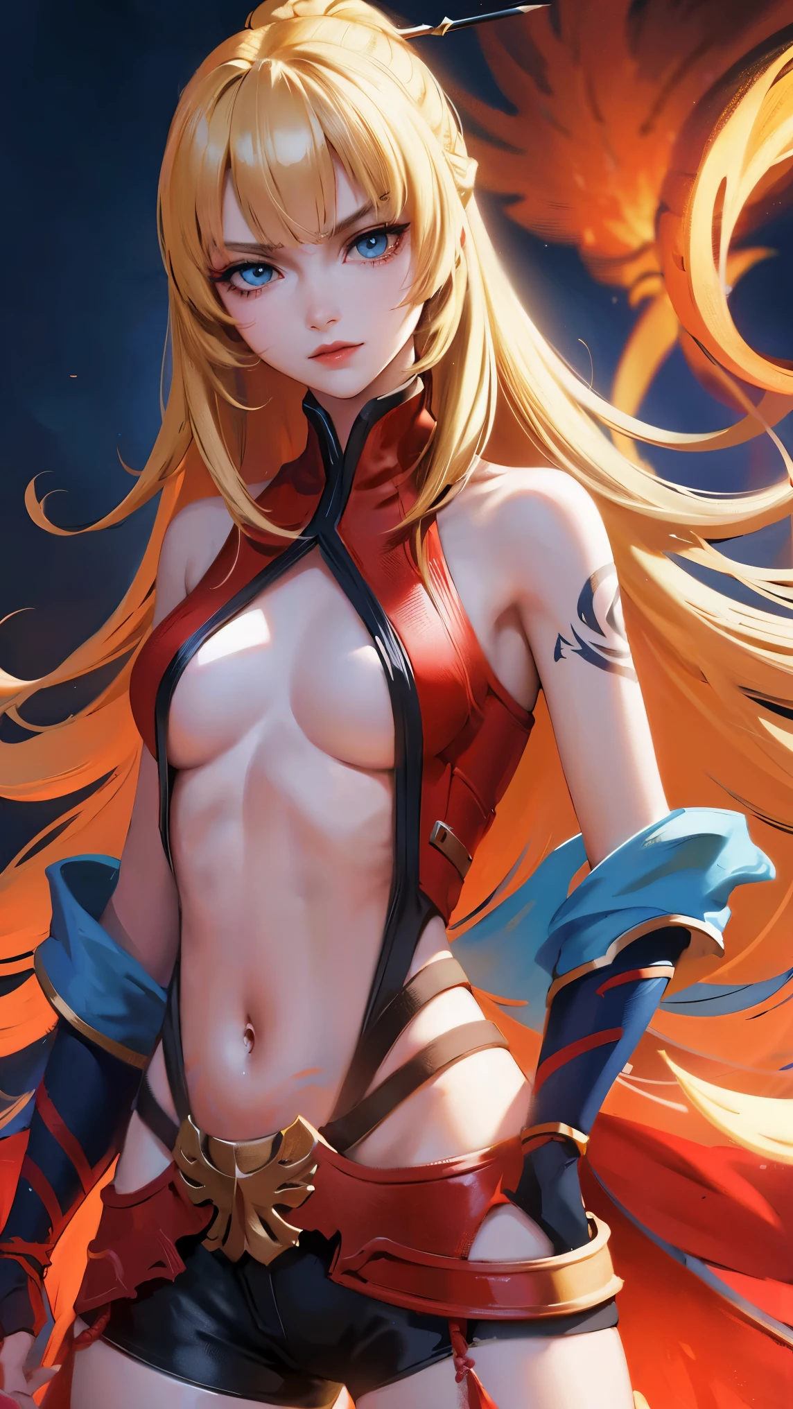 young girl, blonde hair, blue eyes, smirk, tattoo, Aoi, Arena of Valor, red clothes, Masterpiece, hiquality, ultra details, HD, 4k