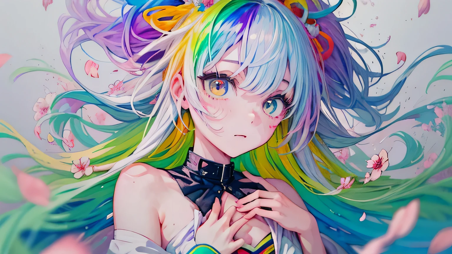 (Colorful hair: 1.8), (all colors of the rainbow: 1.8),(((((Vertical painting:1.6))), (Painting:1.6),Front, Comics, Illustrations, painting of a, largeeyes, Crystal clear eyes,( rainbow color gradient high ponytail:1.7), Exquisite makeup, smile face,(Small Fresh: 1.5),(Wipe Chest: 1.6) ,Long eyelashes, white off-the-shoulder T-shirt, White Shoulder Shirt,staring towards the viewer, watery big eyes, (Rainbow-colored hair:1.6), colored splashing, (Solo:1.8), colored splashing, Color explosion, Thick Paint Style, Messy lines, ((Shining)),(Colorful), (Colorful), (Colorful), Colorful, Thick Paint Style, (Splash) (colored splashing), Vertical painting, Upper body, Paint splashes, Acrylic Pigment, Gradient, Paint, Highest image quality, Highest quality, masutepiece, Solo, depth of fields, facepaint, multicolored clothing, (elegant: 1.2), Gorgeous,Long hair, Wind, (elegant: 1.3), (Flower petals: 1.4),(((masutepiece))),(((Best quality))),((Ultra-detailed)),(illustration),(Dynamic Angle),((Floating)),(Paint),((Disheveled hair)),(Solo),(1girl in) , (((Detailed anima face))),((beautifull detailed face)),Collar,Bare shoulders,White hair, ((Colorful hair)),((striated hair)),Beautiful detailed eyes,(Gradient color eyes),(((Colorful eyes))),(((Colorful background))),(((High color saturation))),(((Surrounded by colorful splashes))), big breast, Tokyo 80 background.