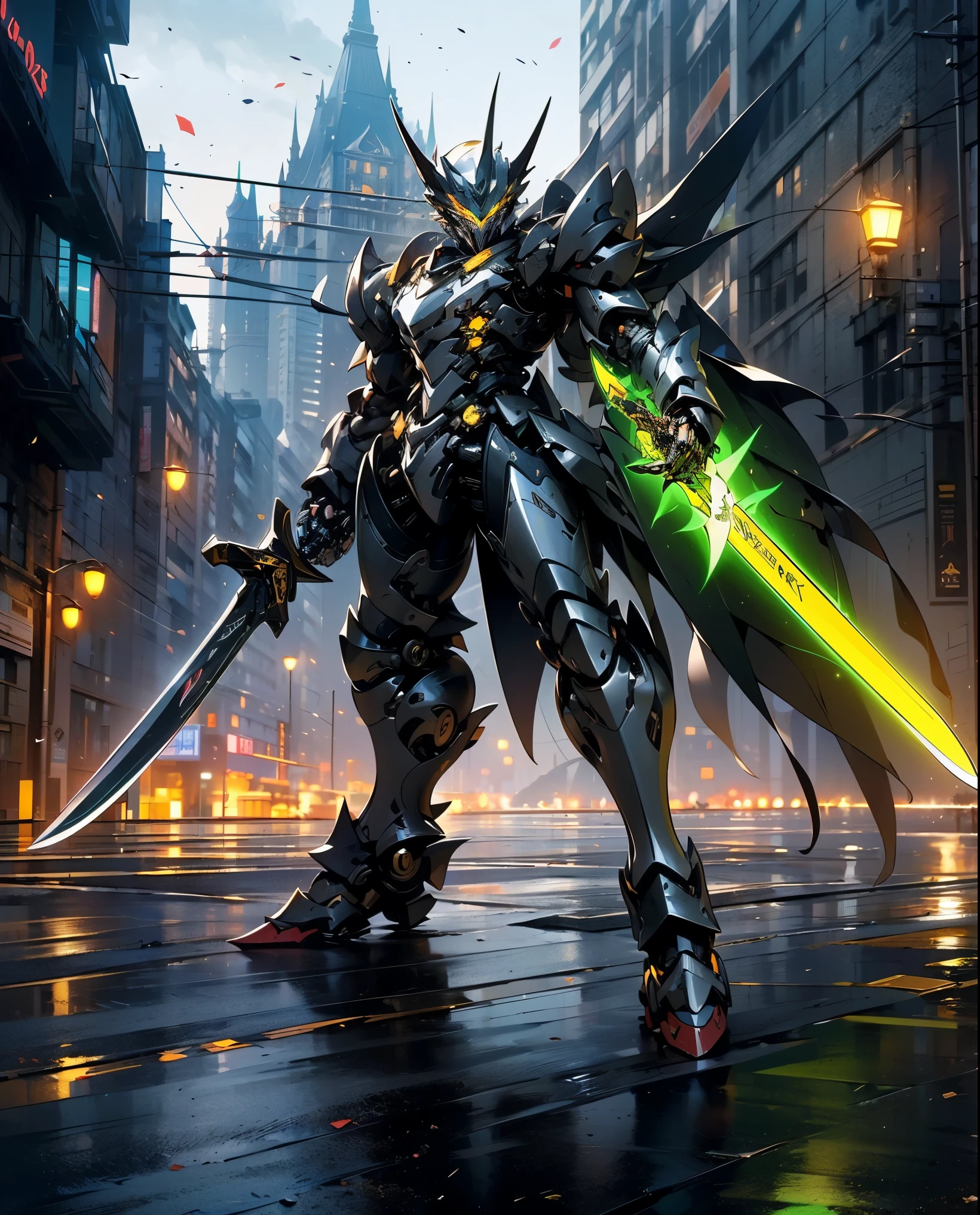 a person holding a sword in a city, concept art by Yang J, trending on Artstation, fantasy art, from arknights, glowing green soul blade, style of raymond swanland, anime concept hdr anime macmanus, trending on artstation:3, death knight, genji, arknights, reaper from overwatch, king of time reaper, (Dragon Guard  ARM, GLOVES), (white, BLACK), (MECHA CYBER  SHINY ARMORED SUIT, A PAIR MECHANICAL ARMOR:1.4)