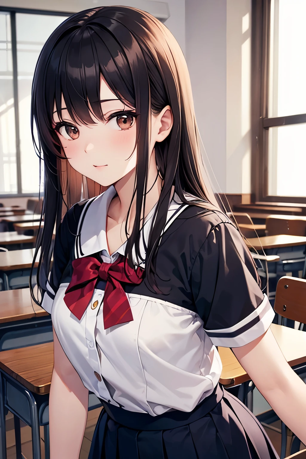 ((highest quality)),(ultra high resolution),(Super detailed),(detailed description),((best CG)),(best work of art),super precision art,great drawing art,(Art with precise details:1.5), Portrait:1.6,bust shot:1.4,(1 woman:1.5),beautiful and well-shaped face:1.5、 Japanese、girl,Slender、small face、brown eyes、tall、 highres,black hair、long hair、classroom、uniform、、Are standing、Mature