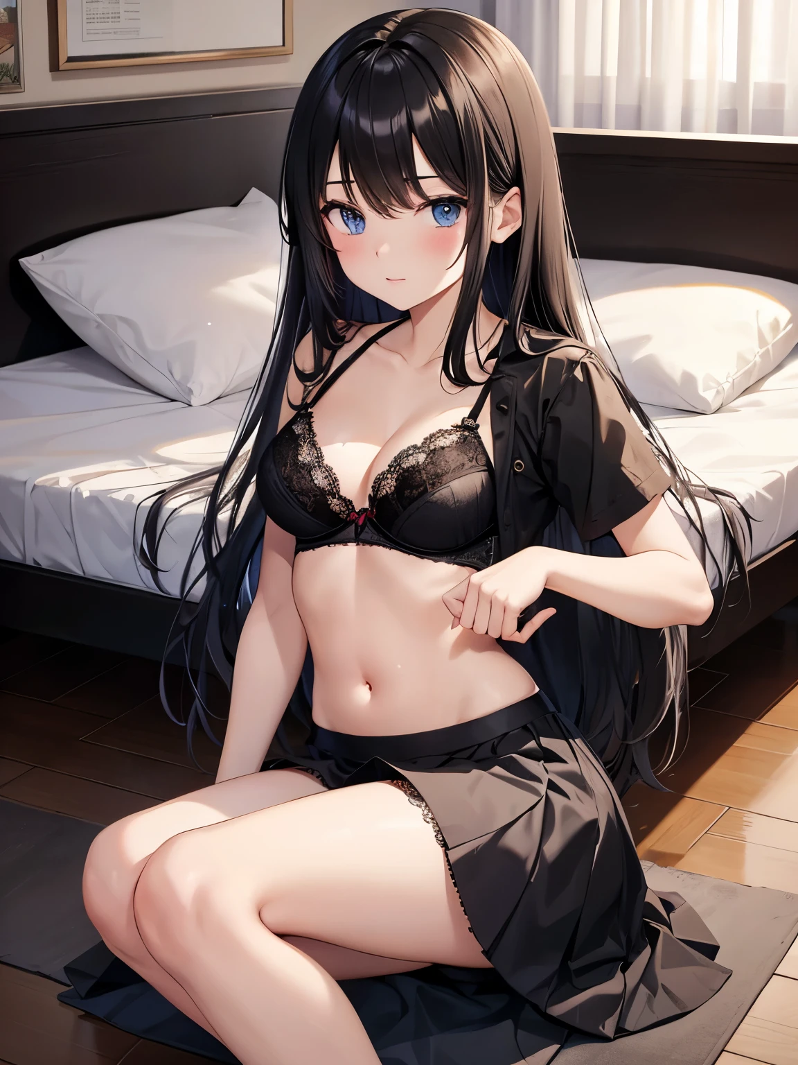 best quality, girl, highres,classroom、black lace bra、black skirt、straight hair、17 years old、girl&#39;s room、bed、face down、night