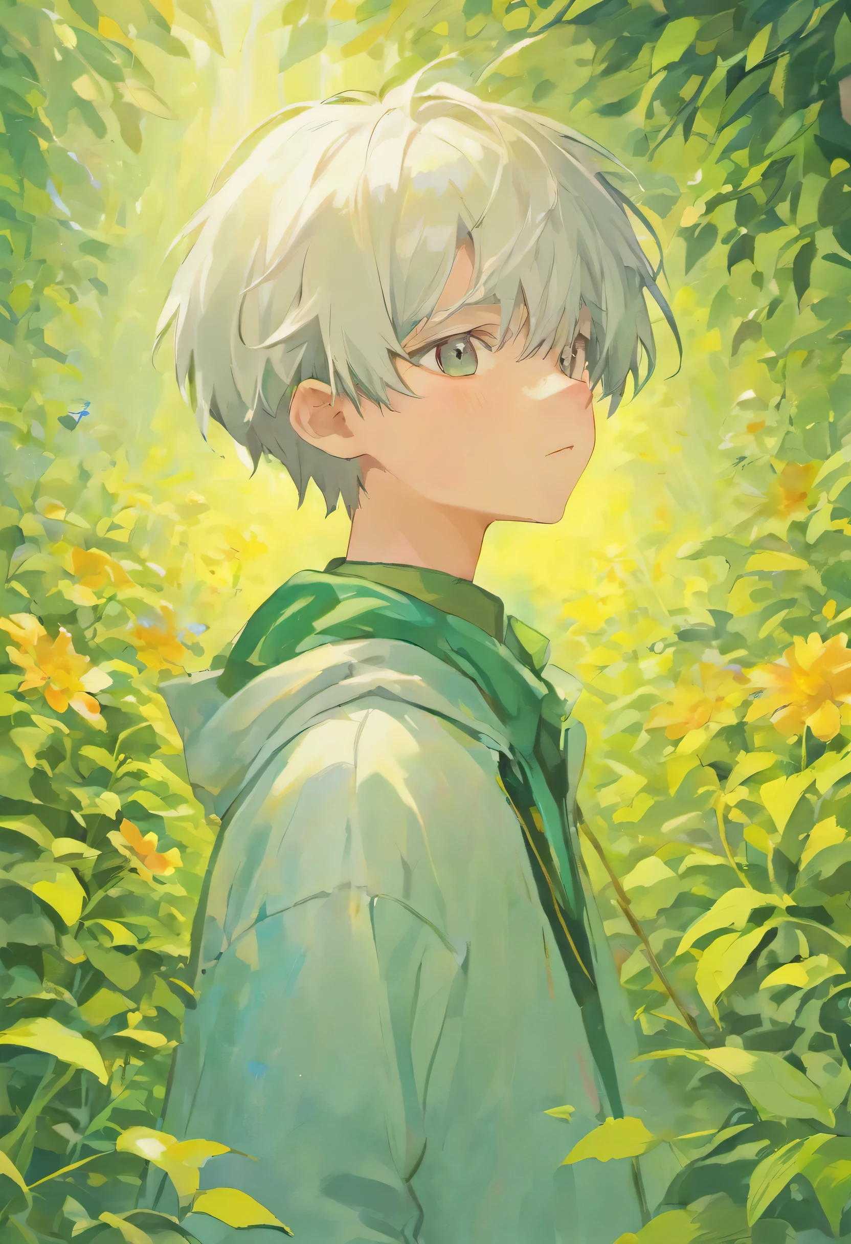 Blooming flowers flutter in the wind，boy among flowers，Light green and silver design，Pay attention to the texture of the skin and flowers，Sony FE 12-24mm F/2.8 g，impressionist garden，Proficient in calligraphy，eco-friendly craftsmanship，An exploration，White-headed boy，There is a collar around the neck，exhibit，young，Childlike face，Big deal，white hair，brush cut，barefoot，