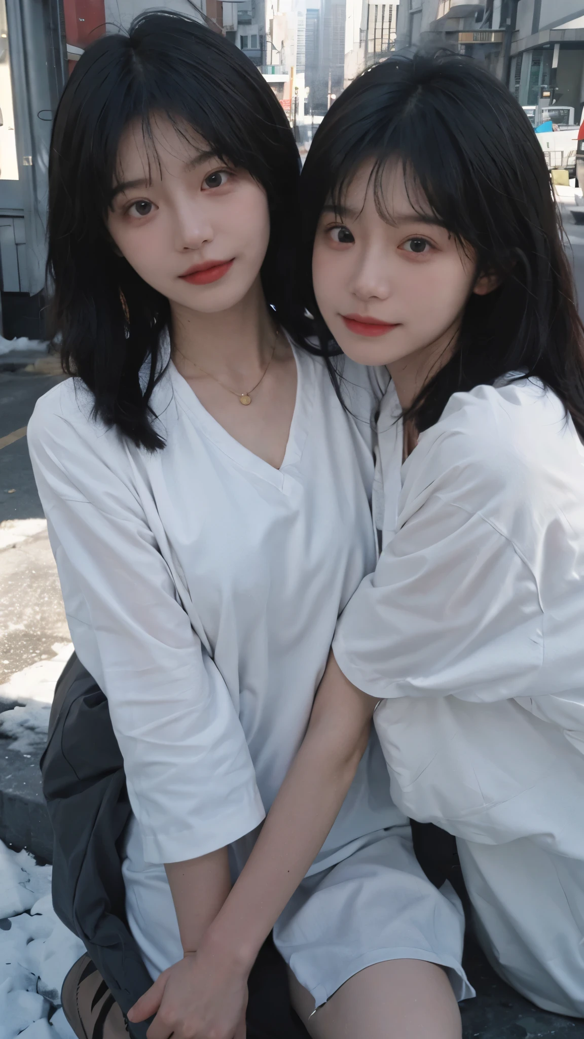 best quality， ultra high resolution， Sunshine background，（Upper body：1.4）（realistically：1.4）， 2 girls， necklace，gold short sleeves，twin，A pair of eyes as clear as snow,Royal sister，girl，looking at the audience， Full body close-up ，
