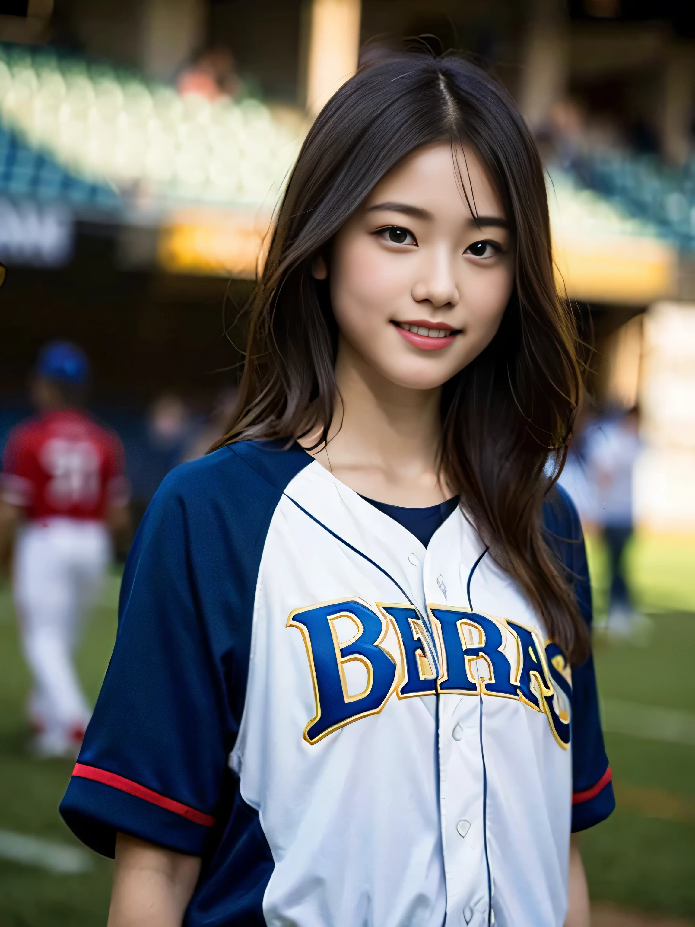 (8k、RAW photo、highest quality、masterpiece:1.2)、(realistic、Photoreal:1.37)、Super detailed、超A high resolution、1 girl、see the beholder、beautiful and detailed face、laughter、narrow、(slim waist) :1.3)、Fine and beautiful skin、skin texture、floating hair、professional lighting、as a whole human body、long hair、blonde、baseball uniform、high school girl、baseball Ground、bob hair、smile、15 year old student、labor of love