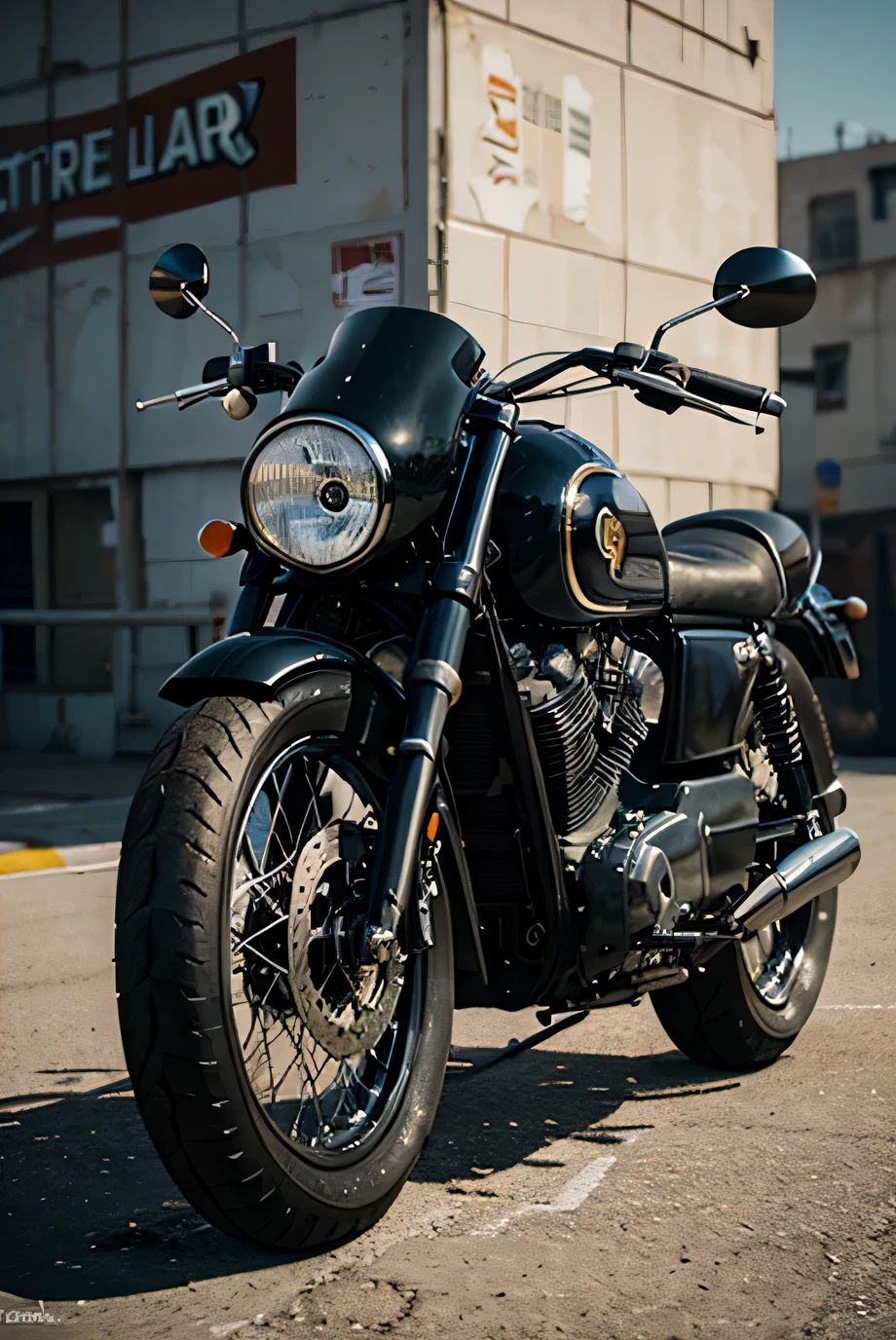 gta 5 style, street wall in focus, vincent black lightning 1952 motocycle somewhere, pedestrian stoplight, sandy shores