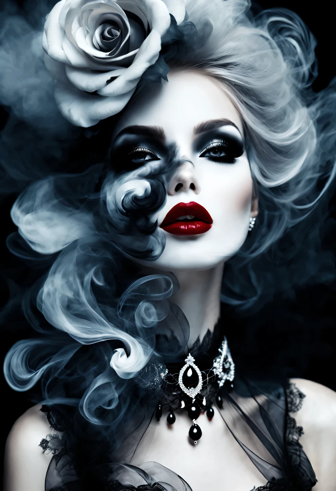 gothic art，Dream，（Just one stunning close-up of the face），Gothic makeup，（A lot of black and white smoke floating around the face：0.65），Only the mouth is red，lots of white space，White Rose，black pearl jewelry，simple white background，