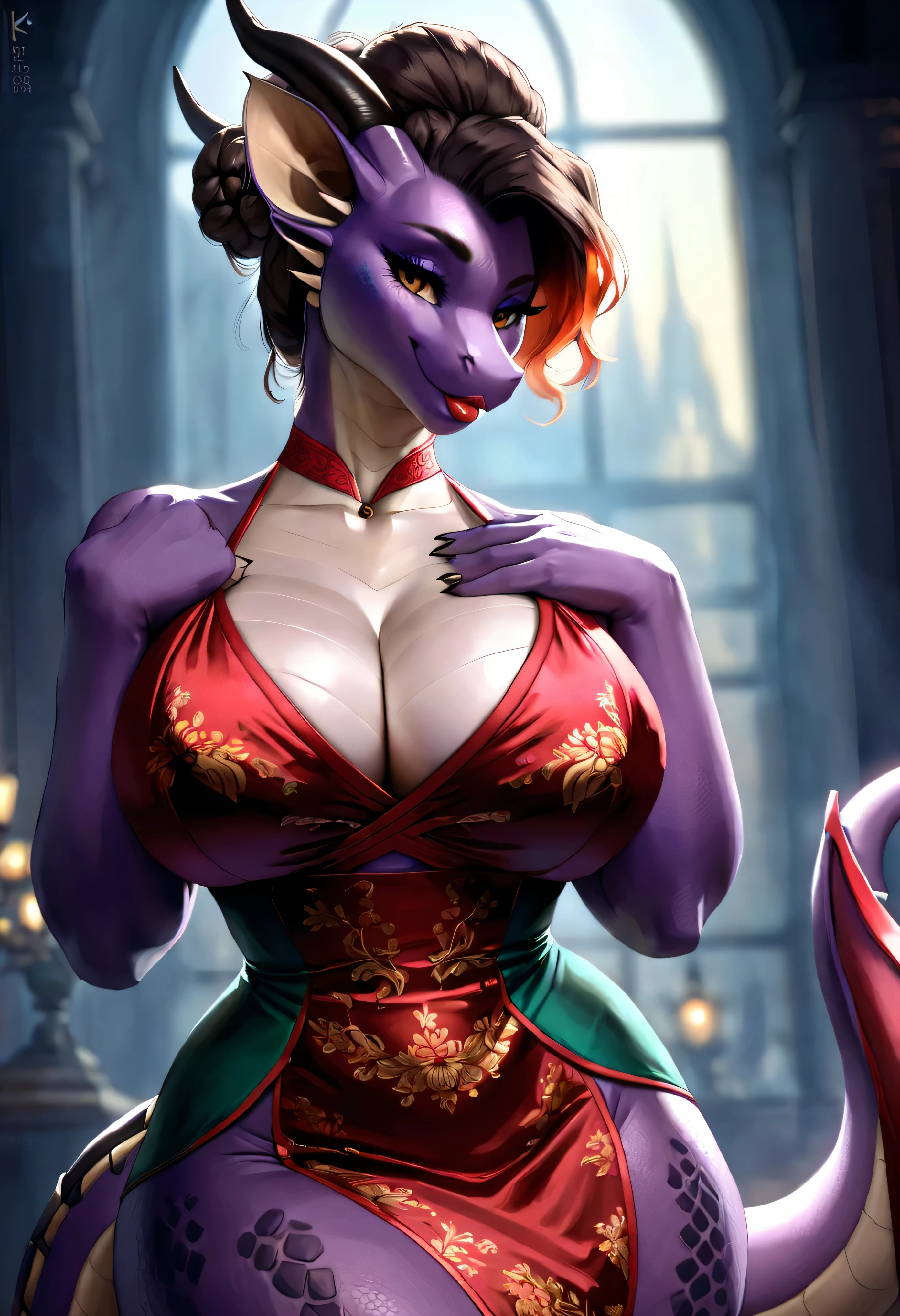 4k highly detailed realistic digital extremely high quality drawing, masterpiece, (by cutesexyrobutts), (uploaded on e621), (a three-quarters portrait of an anthro dragon), (beautiful updo hair), (wearing a revealing qipao), (beautiful and detailed eyes: 1.1), scales, (bimbo, lips), seductive, sexy, voluptuous, curvy body, cinematic lighting, (f1.8 short focus bokeh)