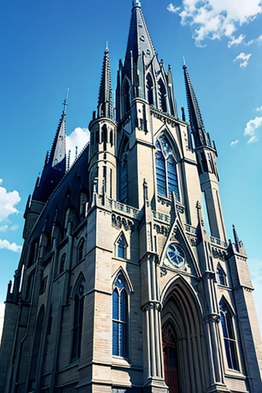 Gothic building, blue sky in background, daytime.