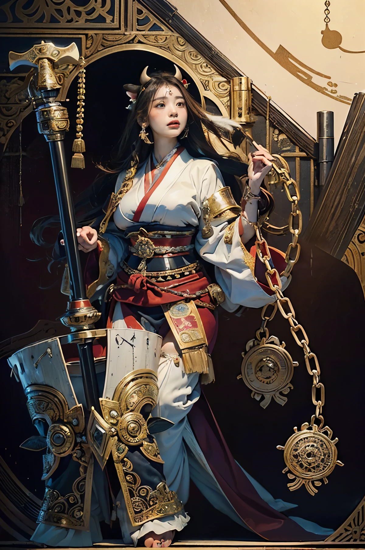 masterpiece,highest quality,ultra high resolution,(one woman:1.5),(25 years old:1.2),stupid solution, Super detailed,(realistic:1.4,),(Twelve gods will:1.4),(detailed mandala background:1.6),(Japanese god:1.5 ),(medieval japanese armor:1.5),(cow horn:1.5),(God's Clothing:1.4),(With a giant hammer:1.6),(god's accessories:1.4),(big breasts:1.4),(long hair:1.4),(Has a cow pattern chain:1.4),