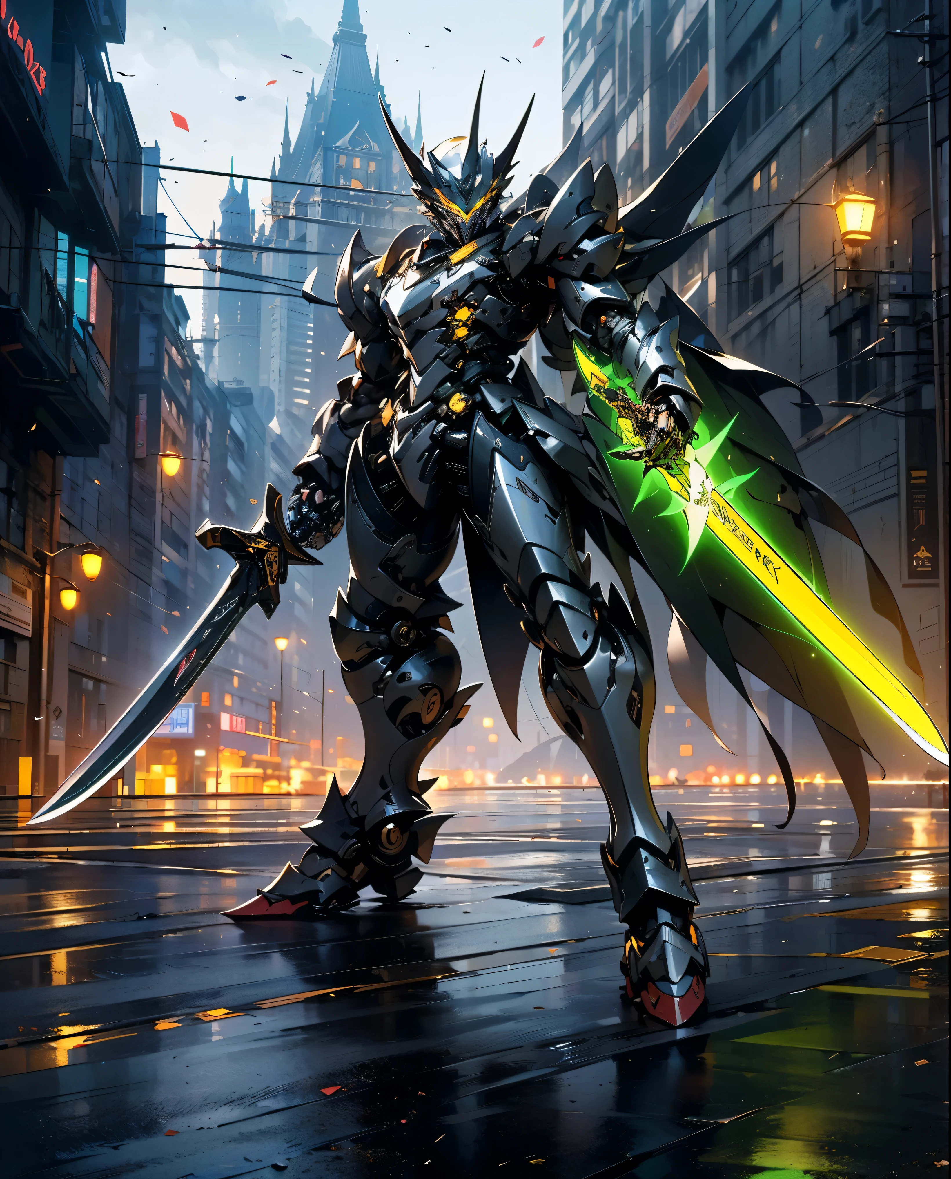 a person holding a sword in a city, concept art by Yang J, trending on Artstation, fantasy art, from arknights, glowing green soul blade, style of raymond swanland, anime concept hdr anime macmanus, trending on artstation:3, death knight, genji, arknights, reaper from overwatch, king of time reaper, (Dragon Guard ARM, GLOVES), (white, BLACK), (MECHA CYBER SHINY ARMORED SUIT, A PAIR MECHANICAL ARMOR:1.4)