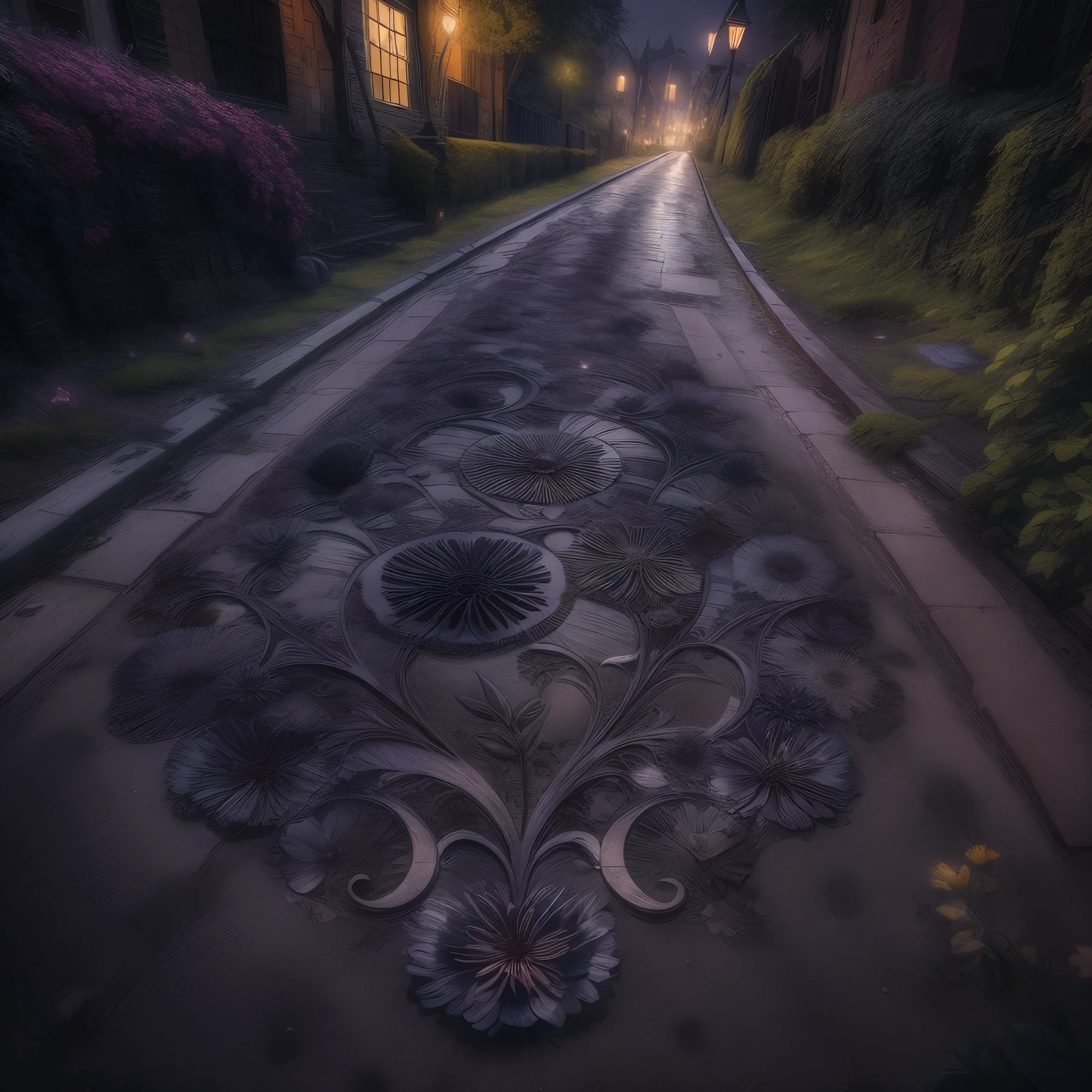 There is a black flower on the damaged road，crescent moon，town，The light is dark，gothic style（（best quality））， （（intricate details））， （8k）