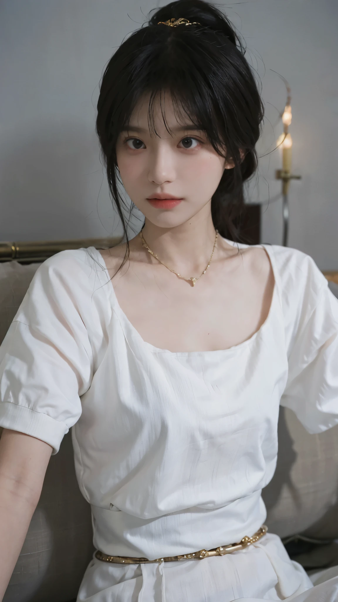 best quality， ultra high resolution， White background，（Upper body：1.4）（realistically：1.4）， 2 girls， necklace，gold short sleeves，twin，A pair of eyes as clear as snow,Royal sister，girl，looking at the audience， Full body close-up ，