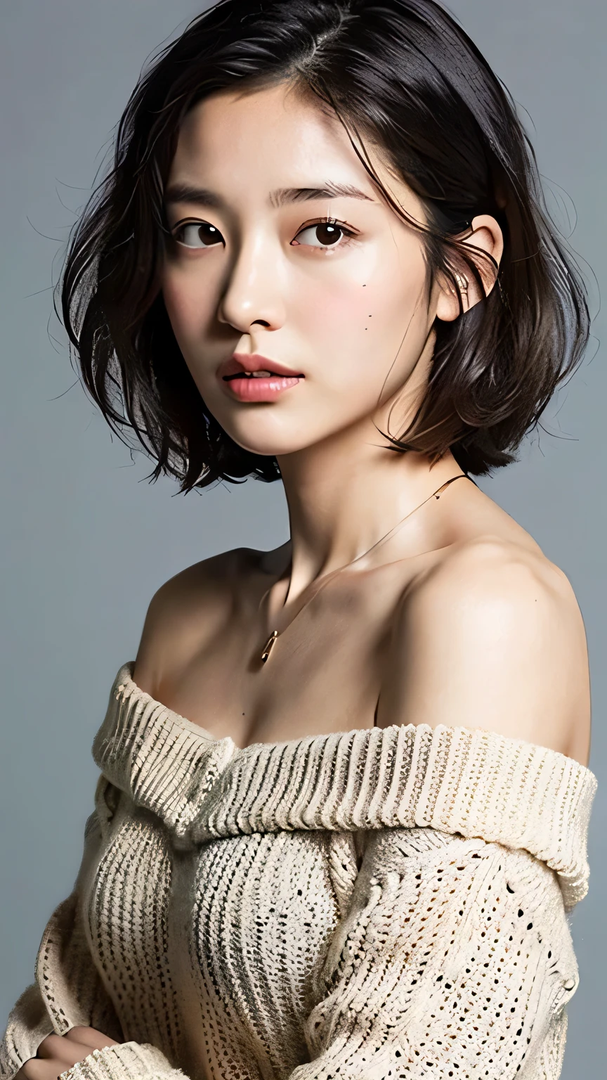 (highest quality, 8k, 32K, masterpiece, Hmm:1.2),beautiful japanese women pictures, big breasts, very short bob hair,Upper body,face focus,extra large_sweater, necklace, simple background, From above, looking at the viewer,off shoulder