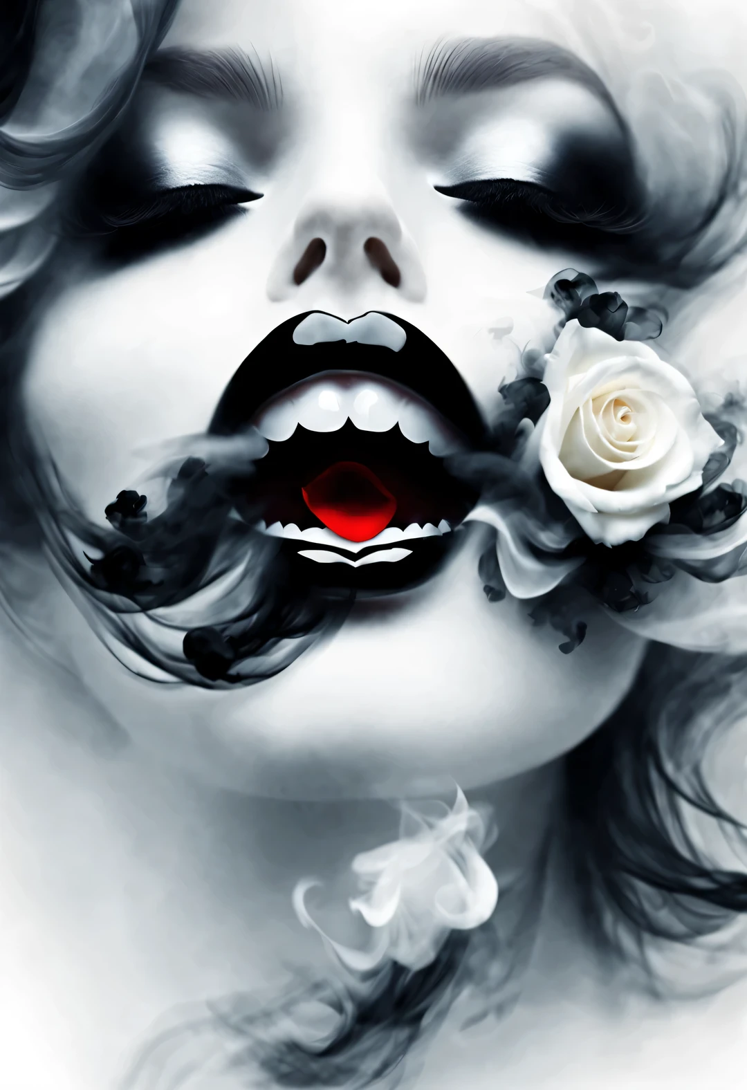 gothic art，Dream，（Just one stunning close-up of the face），Gothic makeup，（A lot of black and white smoke floating around the face：0.65），Only the mouth is red，lots of white space，White Rose，black pearl jewelry，simple white background，