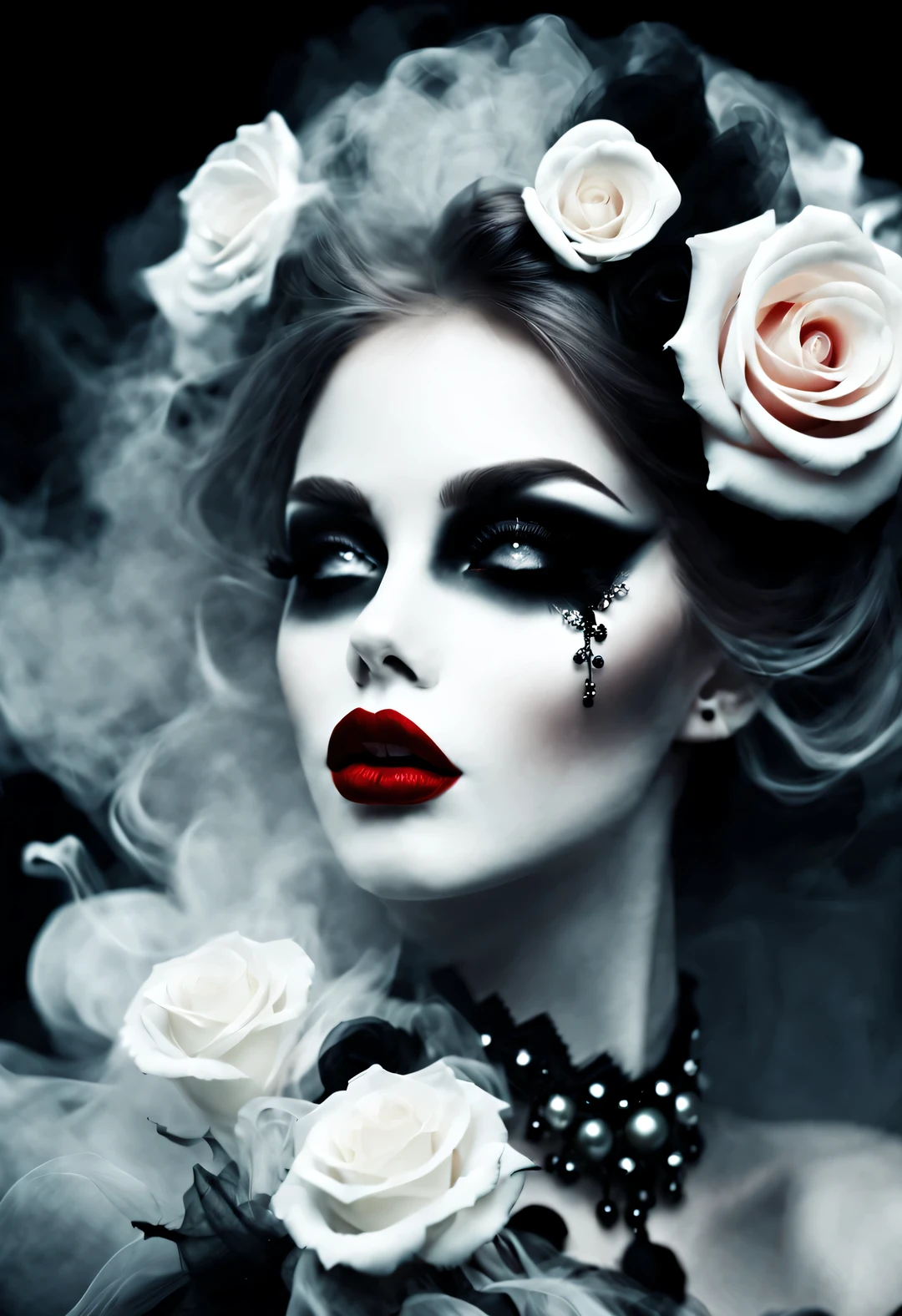gothic art,Dream,(Just one stunning close-up of the face),Gothic makeup,(A lot of black and white smoke floating around the face:0.65),Only the mouth is red,lots of white space,White Rose,black pearl jewelry,simple white background,