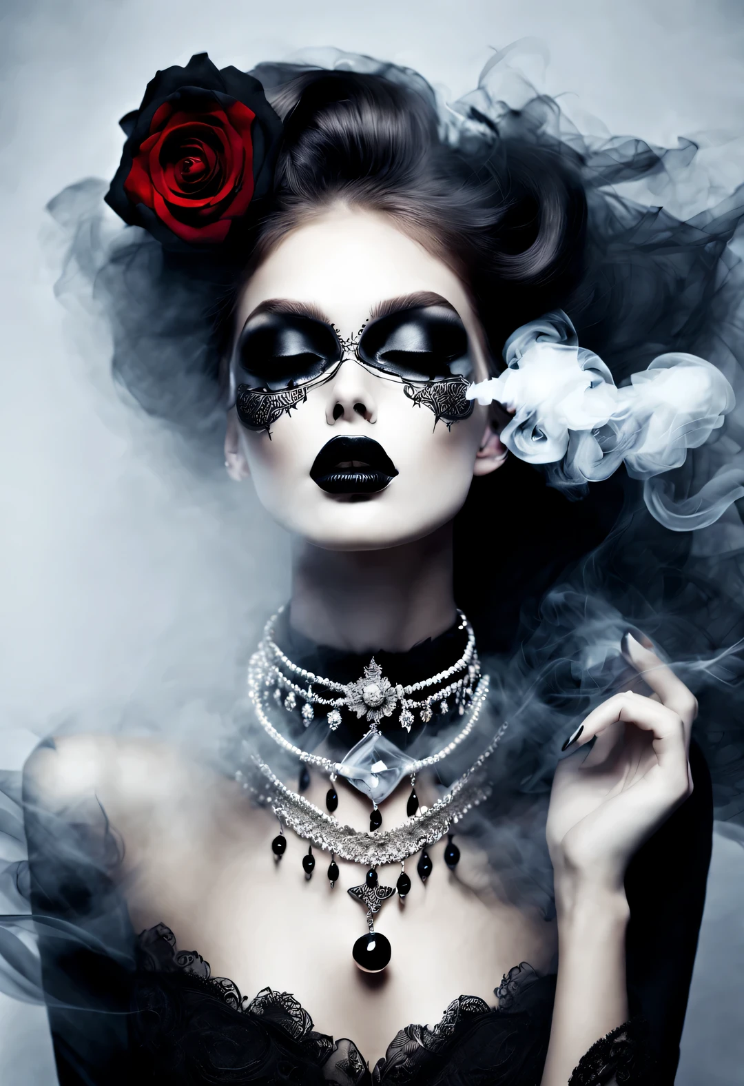 gothic art，Dream，（Just one photo of a stunning fashion model），whole body，Gothic makeup，（A lot of black and white smoke floating around the face：0.65），Only the mouth is red，lots of white space，White Rose，black pearl jewelry，simple white background，