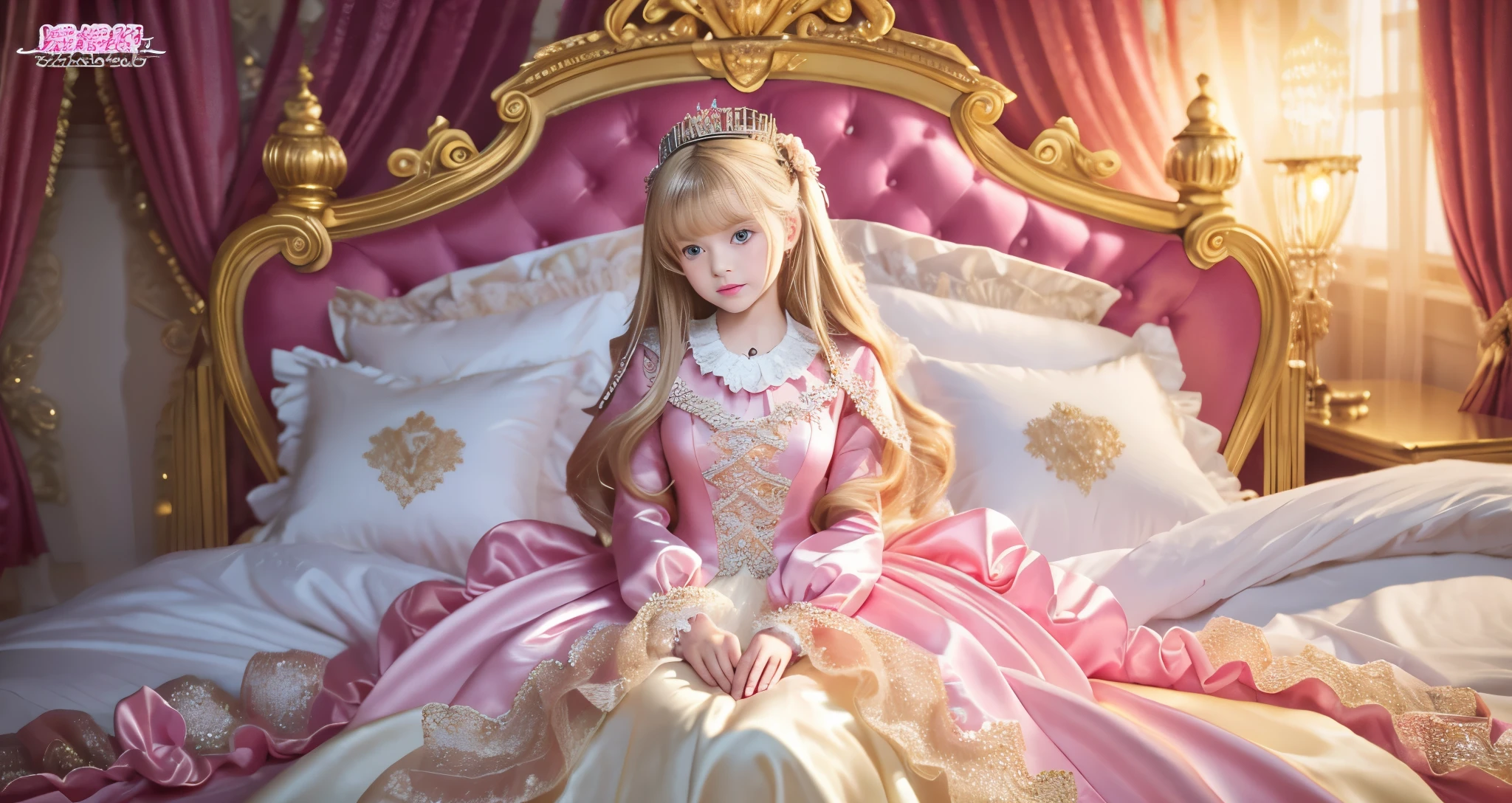 ,highest quality, masterpiece, highest resolution, artwork, super それにget used to it, many get used to it, get used to it, それにget used to it, 3K ultra-high resolution realistic photos,,(( When I was )),Super detailed baby face,She is a princess,Full length ball gown dress with hoop skirt,ruffled yoke collar,puff sleeves,long sleeve,((Lolita style pink detailed princess satin dress、Comes with lots of frills and ribbons。)),colorful rococo fashion,shiny satin dress,Soft and smooth fabric,luxury,long blonde hair,blue eyes,white skin european,pajamas,((inside the palace)),,,(( When I was 10 years old)),Sd baby face,Full length ball gown dress with hoop skirt,long skirt,ruffled yoke collar,puff sleeves,腰まで伸びるlong blonde hair,blue eyes,white skin european,pajamas,((Inside the castle bedroom)),ピンクのシルクサテンのluxuryなcanopy bedの上,canopy bed,luxurious curtains under the canopy,many frilly pillows on the bed,super detailed background,detailed bed,silk satin bed sheets,soft silk satin comforter,Soft silk satin ruffled pillow in pastel colors,little princess is sitting on the bed,((((large ball gown dress that completely covers the legs)))),((((legs are hidden in the dress,Don't put your feet out to the side)))),Beautiful girl illustration,detailed beautiful face detailed hair,detailed human eye ,detailed mouth, arm details,fine hands,Detailed pillow,Frilly pillows piled up behind the girl,