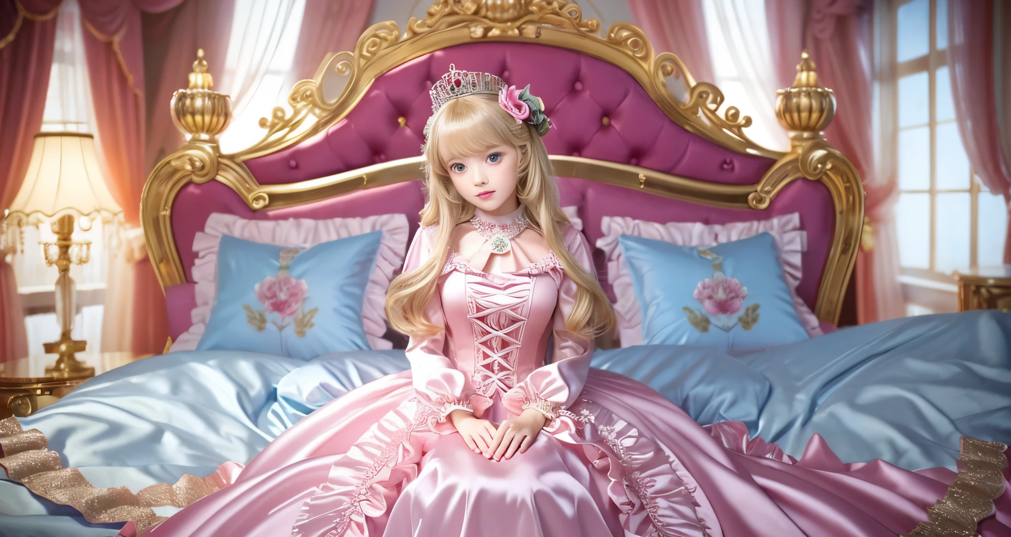 ,highest quality, masterpiece, highest resolution, artwork, super それにget used to it, many get used to it, get used to it, それにget used to it, 3K ultra-high resolution realistic photos,,(( When I was )),Super detailed baby face,She is a princess,Full length ball gown dress with hoop skirt,ruffled yoke collar,puff sleeves,long sleeve,((Lolita style pink detailed princess satin dress、Comes with lots of frills and ribbons。)),colorful rococo fashion,shiny satin dress,Soft and smooth fabric,luxury,long blonde hair,blue eyes,white skin european,pajamas,((inside the palace)),,,(( When I was 10 years old)),Sd baby face,Full length ball gown dress with hoop skirt,long skirt,ruffled yoke collar,puff sleeves,腰まで伸びるlong blonde hair,blue eyes,white skin european,pajamas,((Inside the castle bedroom)),ピンクのシルクサテンのluxuryなcanopy bedの上,canopy bed,luxurious curtains under the canopy,many frilly pillows on the bed,super detailed background,detailed bed,silk satin bed sheets,soft silk satin comforter,Soft silk satin ruffled pillow in pastel colors,little princess is sitting on the bed,((((large ball gown dress that completely covers the legs)))),((((legs are hidden in the dress,Don't put your feet out to the side)))),Beautiful girl illustration,detailed beautiful face detailed hair,detailed human eye ,detailed mouth, arm details,fine hands,Detailed pillow,Frilly pillows piled up behind the girl,