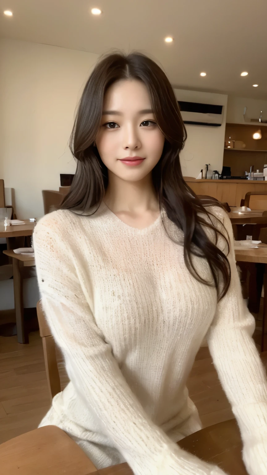 ((top-quality、8k、​masterpiece:1.3))、Beautiful woman with perfect body:1.4、slim abdomen:1.2、Longhair, normal breast, Highly detailed facial and skin texture, A detailed eye, delicate eyes, double eyelid, (smile), (full body shot), ((high class restaurant)), (sitting on chair), (((wearing white sweater dress1.1)), looking in front, (food on table)