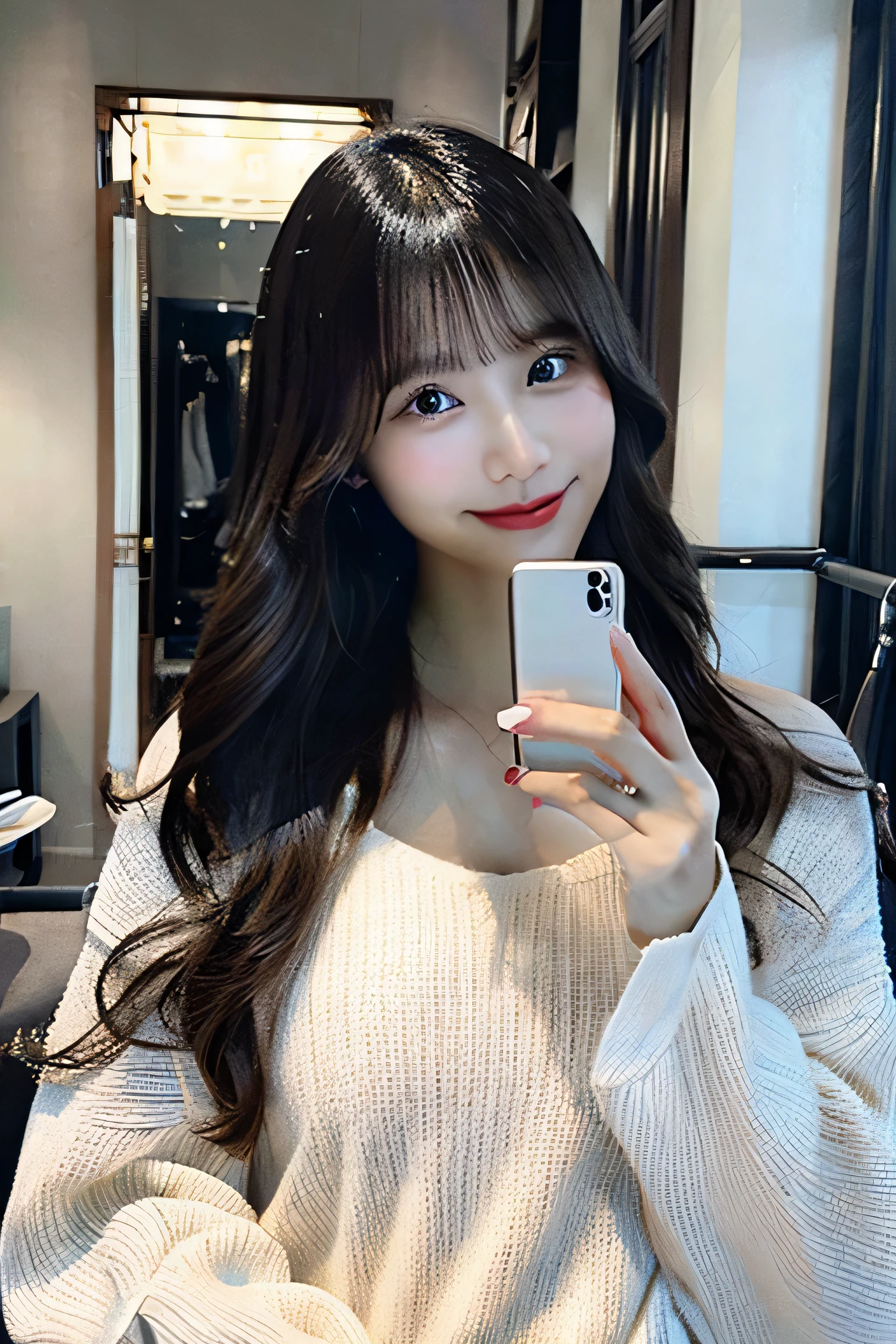 8k、highest quality、masterpiece、超A high resolution、photograph、The elegance of beautiful Japanese women、Single-lens reflex camera、There are some good ones too、A transparent atmosphere、sexy lip、semi-long、beautiful face、long hair、make bangs、smile、natural soft light、33 year old girl、sweater、Are standing、white wall、in front of the mirror、window、holding a smartphone in hand、