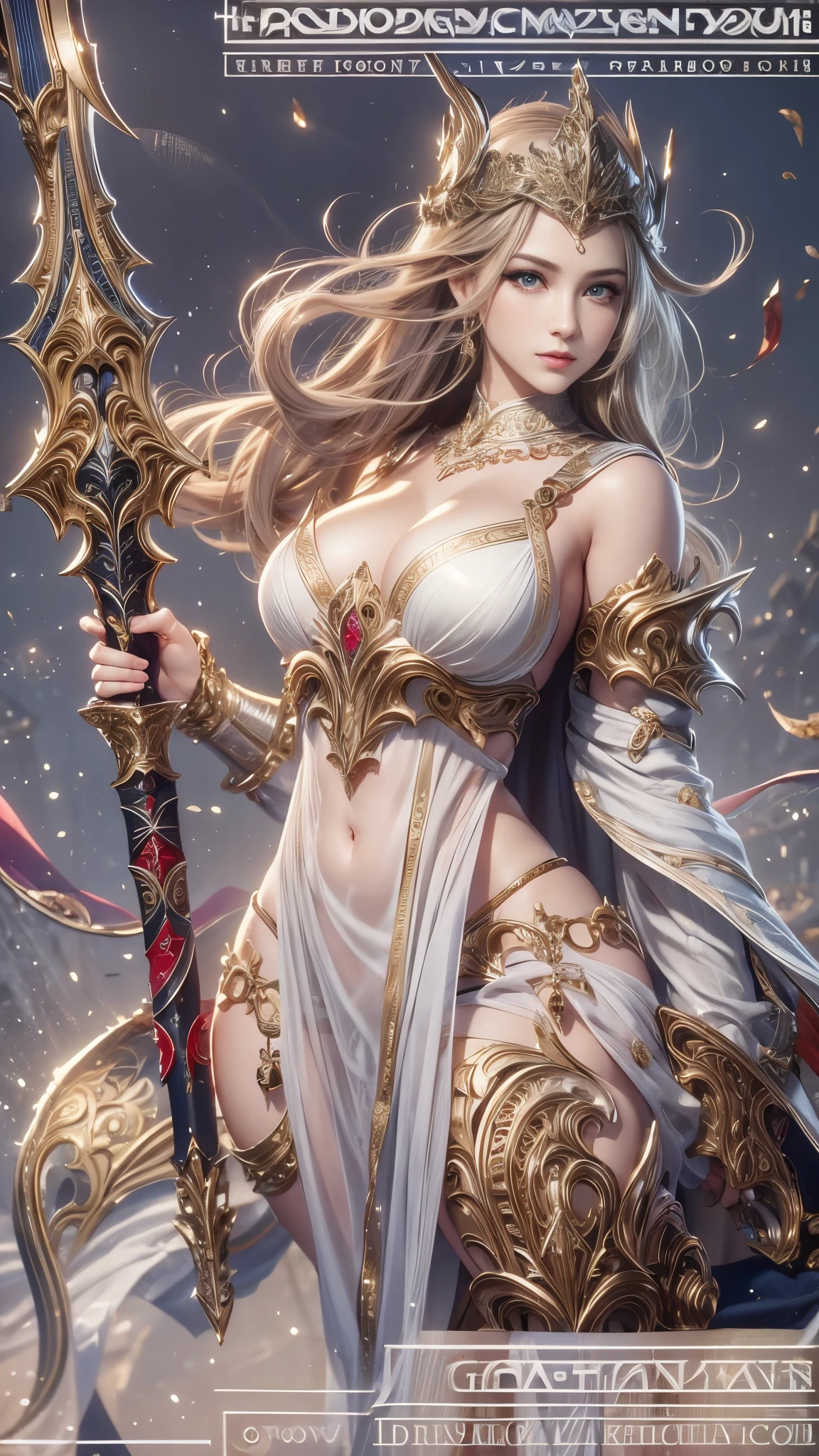 (RAW shooting:1.5, Photoreal:1.5, 8k, highest quality, masterpiece, ultra high resolution), medieval europe, world of magic and swords, perfect dynamic composition:1.2, Mysterious:1.3, Highly detailed skin and facial textures:1.3, cute and sexy slim female warrior, beautiful and aesthetic:1.2, cute and sexy beauty, perfect style, wear elaborate rings, Pose wielding a large sword:1.3, fire, water, Wind, thunder, ice, Fair skin, very beautiful face, (Medium chest, Chest gap), (embarrassing smile, The expression on your face when you feel intense caress, Facial expression when feeling pleasure), (sexy gold metallic armor:1.1, off shoulder, Navel exposure), (beautiful blue eyes, Eyes that feel beautiful eros:0.8), (Too erotic:0.9, Bewitching:0.9), full body shot, Ancient castle in the background