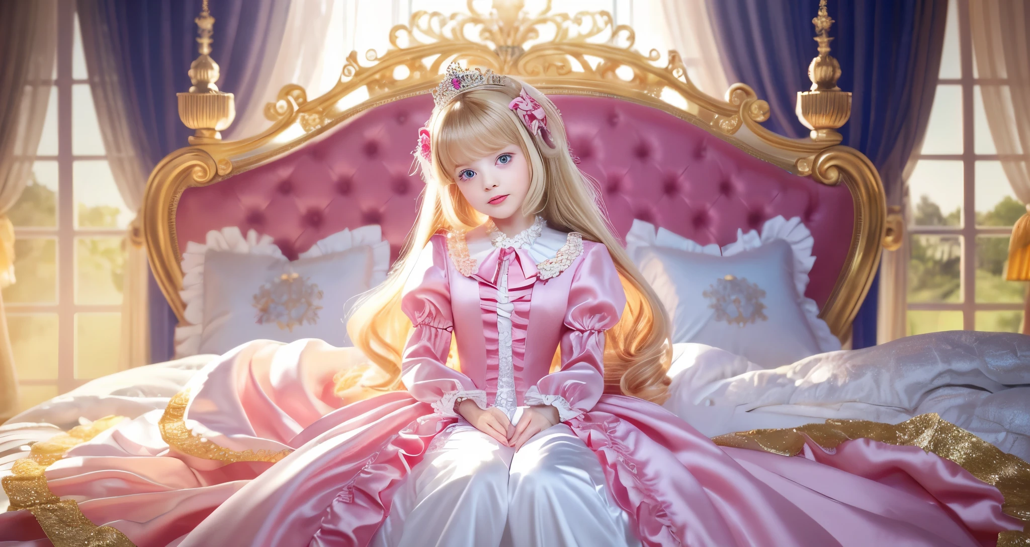 ,highest quality, masterpiece, highest resolution, artwork, super それにget used to it, many get used to it, get used to it, それにget used to it, 3K ultra-high resolution realistic photos,,(( When I was 10 years old)),Super detailed baby face,She is a princess,Full length ball gown dress with hoop skirt,ruffled yoke collar,puff sleeves,long sleeve,((Lolita style hot pink detailed princess satin dress、Comes with lots of frills and ribbons。)),colorful rococo fashion,shiny satin dress,Soft and smooth fabric,luxury,long blonde hair,blue eyes,white skin european,pajamas,((inside the palace)),,,(( When I was 10 years old)),Super detailed baby face,Full length ball gown dress with hoop skirt,long skirt,ruffled yoke collar,puff sleeves,腰まで伸びるlong blonde hair,blue eyes,white skin european,pajamas,((Inside the castle bedroom)),ピンクのシルクサテンのluxuryなcanopy bedの上,canopy bed,luxurious curtains under the canopy,many frilly pillows on the bed,super detailed background,detailed bed,silk satin bed sheets,soft silk satin comforter,Soft silk satin ruffled pillow in pastel colors,little princess is sitting on the bed,((((large ball gown dress that completely covers the legs)))),((((legs are hidden in the dress,Don't put your feet out to the side)))),Beautiful girl illustration,detailed beautiful face detailed hair,detailed human eye ,detailed mouth, arm details,fine hands,Detailed pillow,Frilly pillows piled up behind the girl,