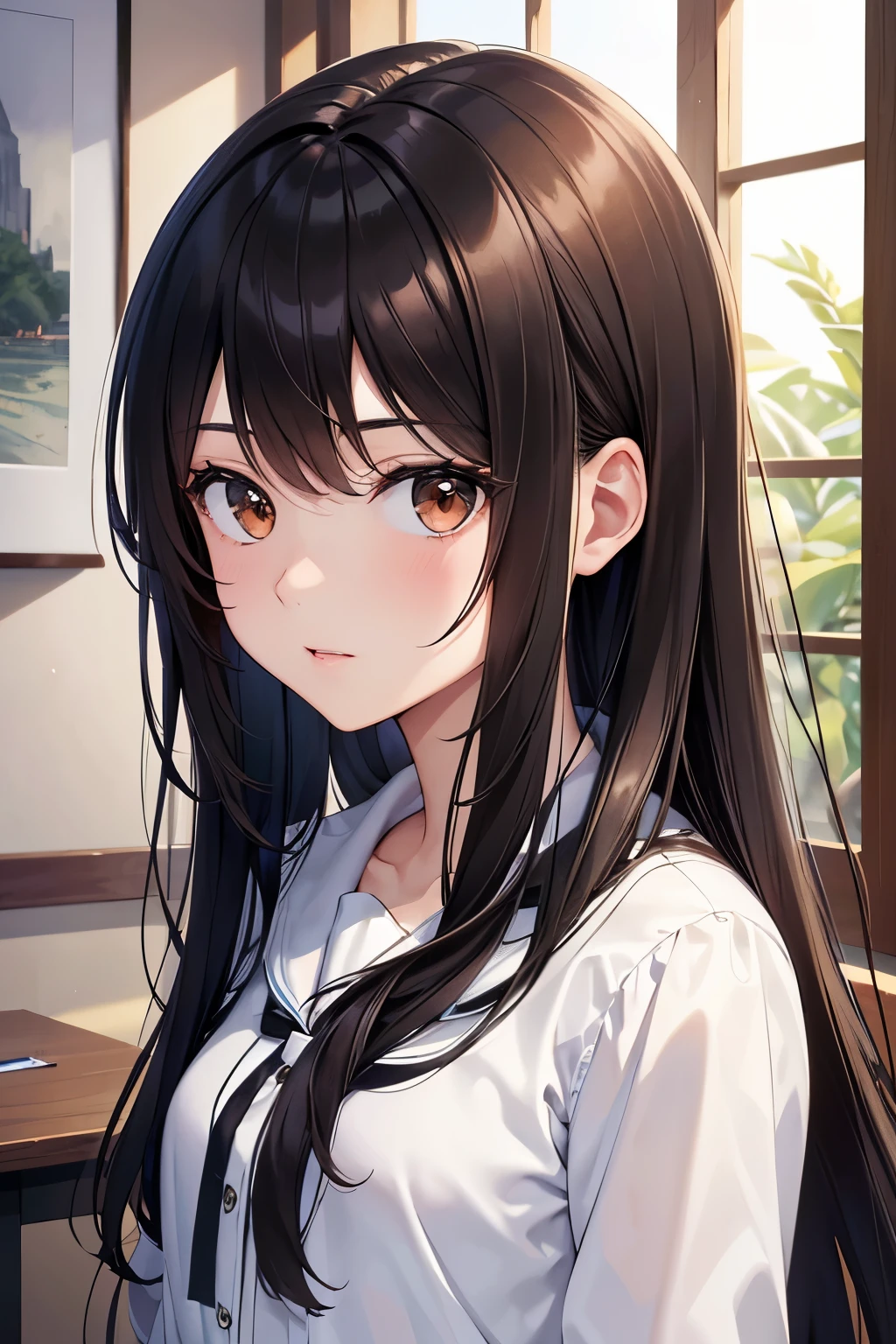 ((highest quality)),(ultra high resolution),(Super detailed),(detailed description),((best CG)),(best work of art),super precision art,great drawing art,(Art with precise details:1.5), Portrait:1.6,bust shot:1.4,(1 woman:1.5),beautiful and well-shaped face:1.5、 Japanese、girl,Slender、small face、brown eyes、tall、 highres,black hair、long hair、classroom、(white blouse:1.2)、17 years old、Are standing、Mature