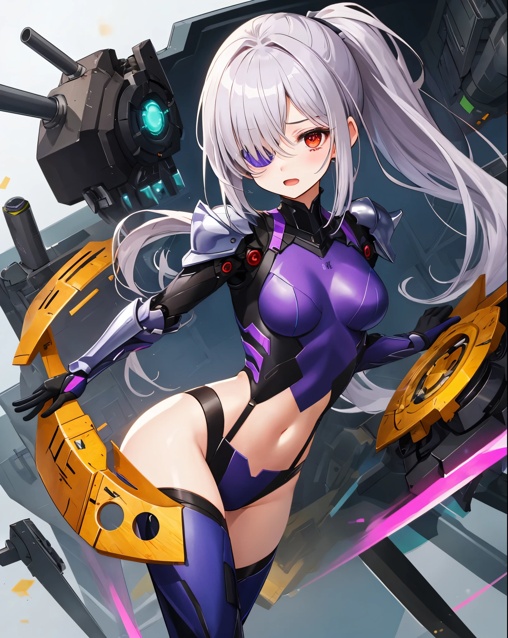 ,1girl,(teen:1.5), (short_ponytail:1.3), (light_whitish_purple_hair:1.3),black_mechanical_armor_parts,white_breasts_parts_red_black_body_suit,bare_shoulder,bare_slender_thighs,medium_breasts,on_the_desk, desk_background,Stinging_eyes,sleepy,thighhigh_greaves,gauntlets,dynamic_posing,bare_frank,metal_red_parts_armor,red_eye,solo,
fists,hold_weapon,glare,navel,large_mechanical_parts,happy,waist_armor,open_mouth,rise_legs,apart_legs, (covered_navel:1.3),(very_long_bangs:1.3), (hair_over_one_eye:1.5),(long_bang_covers_right_half_of_face:1.5),
(covered_pussy:1.1),covered_breasts,fighting,