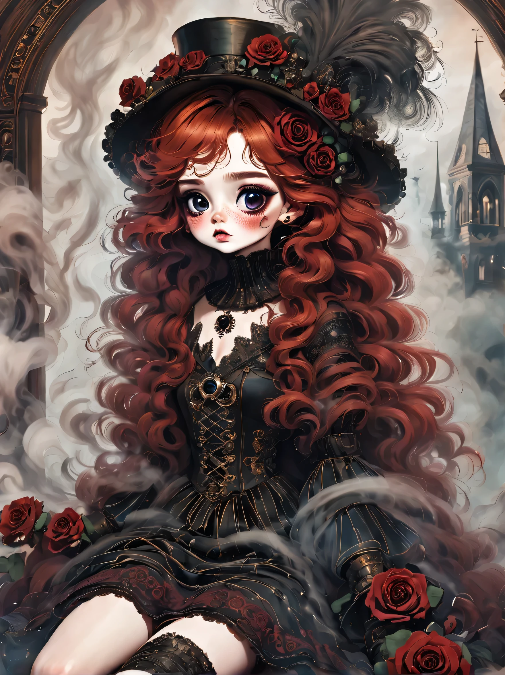 （best quality，masterpiece：1.2，detailed details），（sitting，Weird ragdoll girl,big eyes，small freckles， Fluffy red hair），（dark Gothic，steampunk gothic victorian style）, dark, engulfed in smoke，hairy：1.37.Bone，rose border
