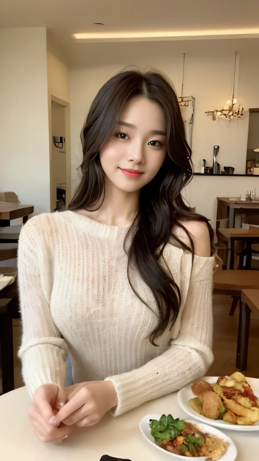 ((top-quality、8k、​masterpiece:1.3))、Beautiful woman with perfect body:1.4、slim abdomen:1.2、Longhair, normal breast, Highly detailed facial and skin texture, A detailed eye, delicate eyes, double eyelid, (smile), (full body shot), ((high class restaurant)), (sitting on chair), (((wearing white sweater dress1.1)), looking in front, (food on table)