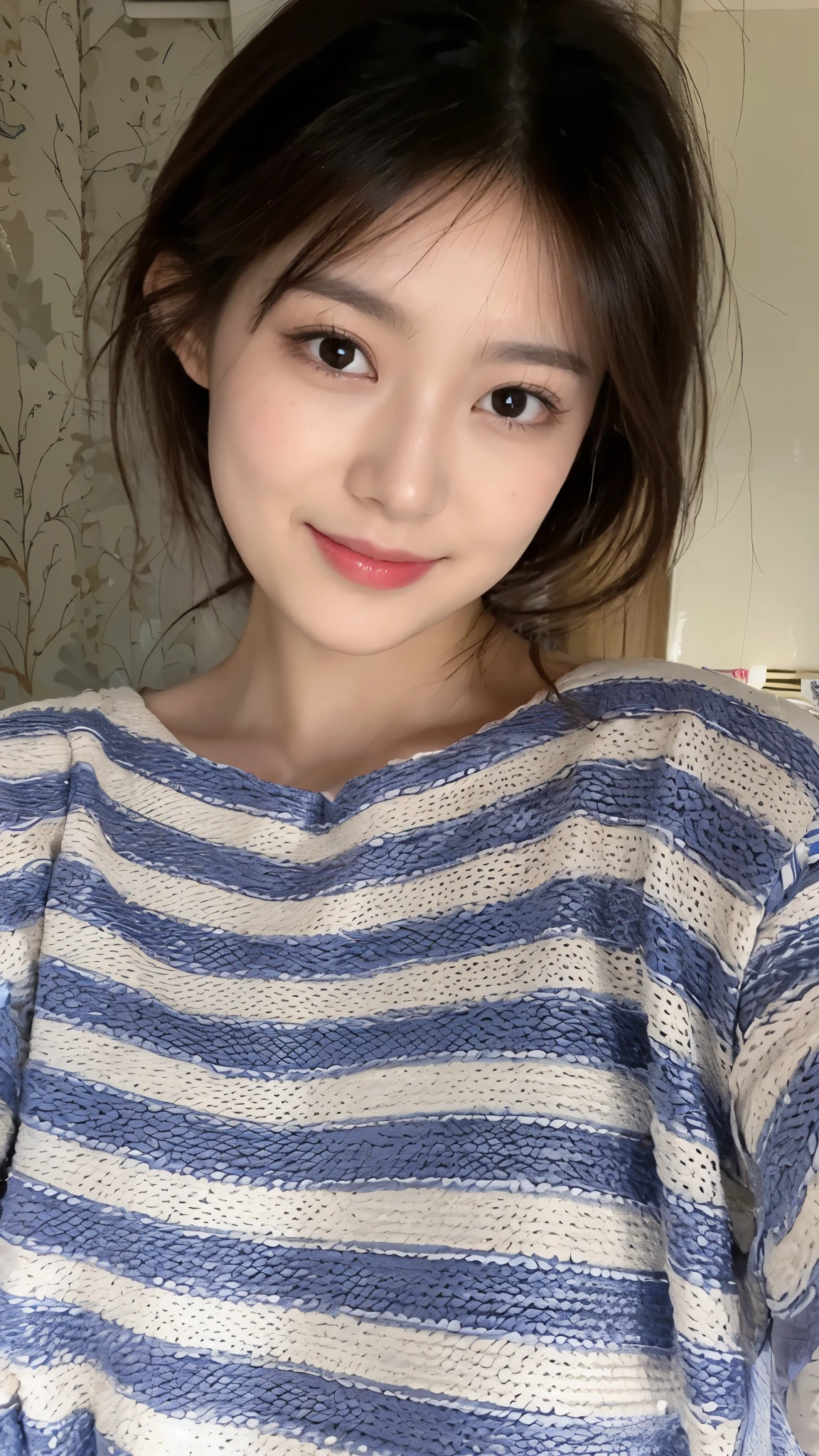 ((Masterpiece, Top image quality, high resolution、alone、skin shiny))(on the table, best quality, actual, super detailed, meticulous, high resolution, 8k wallpaper), Close-up portrait of a beautiful woman, like, smiling, light brown messy hair, Perfect dynamic composition, 美丽meticulous的眼睛, Just like the cover of a fashion magazine, on campus,Gorgeous costumes,hot stamping clothing,
