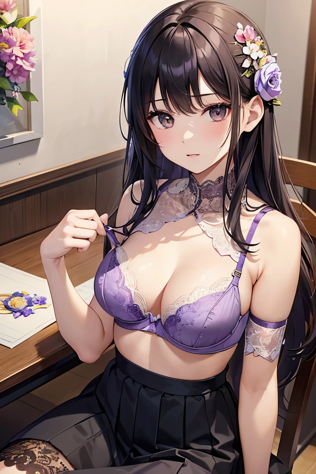 ((highest quality)),(ultra high resolution),(Super detailed),(detailed description),((best CG)),(best work of art),super precision art,great drawing art,(Art with precise details:1.5), Portrait:1.6,bust shot:1.4,(1 woman:1.5),beautiful and well-shaped face:1.5,(light purple lace bra with flowers on the chest:1.5)、 Japanese、girl,Slender、small face、brown eyes、tall、 highres,black hair、long hair、classroom、black long skirt、、Sitting at a desk、Mature