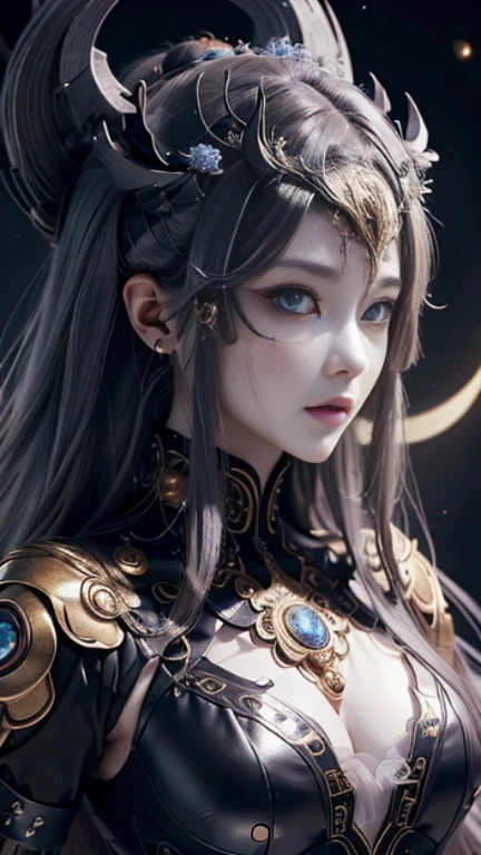 (Japanese 16yo cute girl:1.2). (((Body Portrait)))、（best qualtiy，ultra - detailed，Most Best Illustration，Best Shadow，tmasterpiece，hight resolution，professionalartwork，famousartwork），(Detailed eyes，beautidful eyes)，(Depiction of cleavage)，sci-fy，colored sclera，(((Black and beautiful eyes，Black eyes)))、face markings，tattooed，（fractalized，Fractal Eye），largeeyes，wide eyes，Eye focus，((Details of face))，the eye of the universe，Metal sculpture depiction of woman with moon in hair，goddes。extremely high detail，goddess portrait，Highly detailed footage of the goddess，a stunning portrait of a goddess，Side image of the goddess，portrait of a beautiful goddess，(Full body close-up of goddess)，Goddess of Hecate，portrait of a norse moon goddess，goddess of space and time、((​masterpiece、top-quality、ultra-definition、hight resolution))、4K picture quality、(Extraordinary Beauty)
