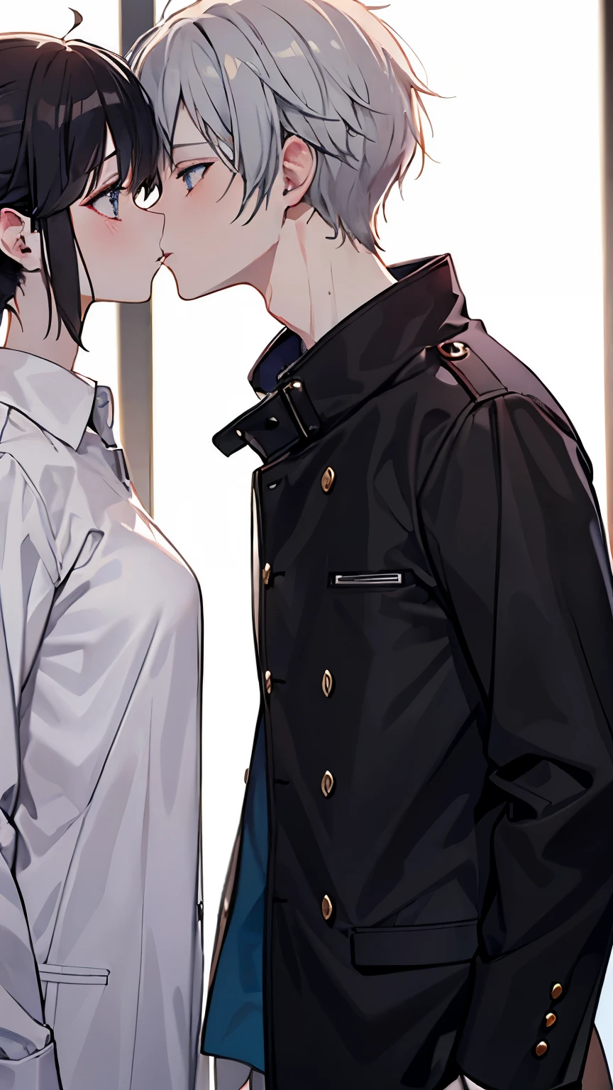 (Couple), boy, edgy style, white short hair, messy hair, goth clothes, athletic body, pale skin, ((high quality)), ((hd)), (very detailed), strong body, collar. Girl, blue short hair, Slender body, pale skin, white coat, collar, kissing scene, ((face close)) anime