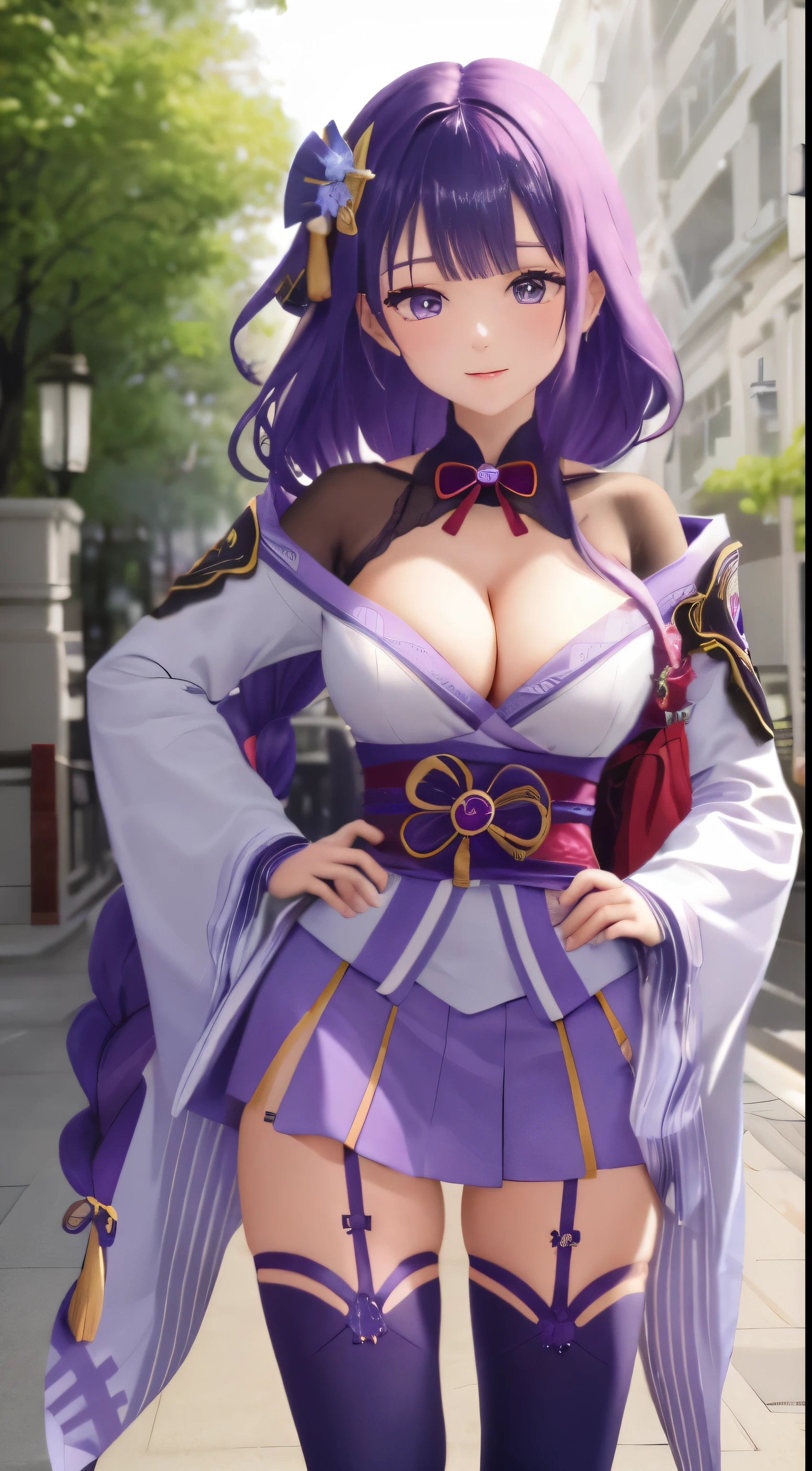 	There is_Generated +brThere isd busty +necklace with neckline +Genshin_impact Genshin_impact floor +Hands_on_hips +Hourglass_figure +purple tie_purple eyes_hThere isr rThere isden_школа сёгуon_форменonя юбка +thigh high +wide_hips +zettThere is_Ryoiki
