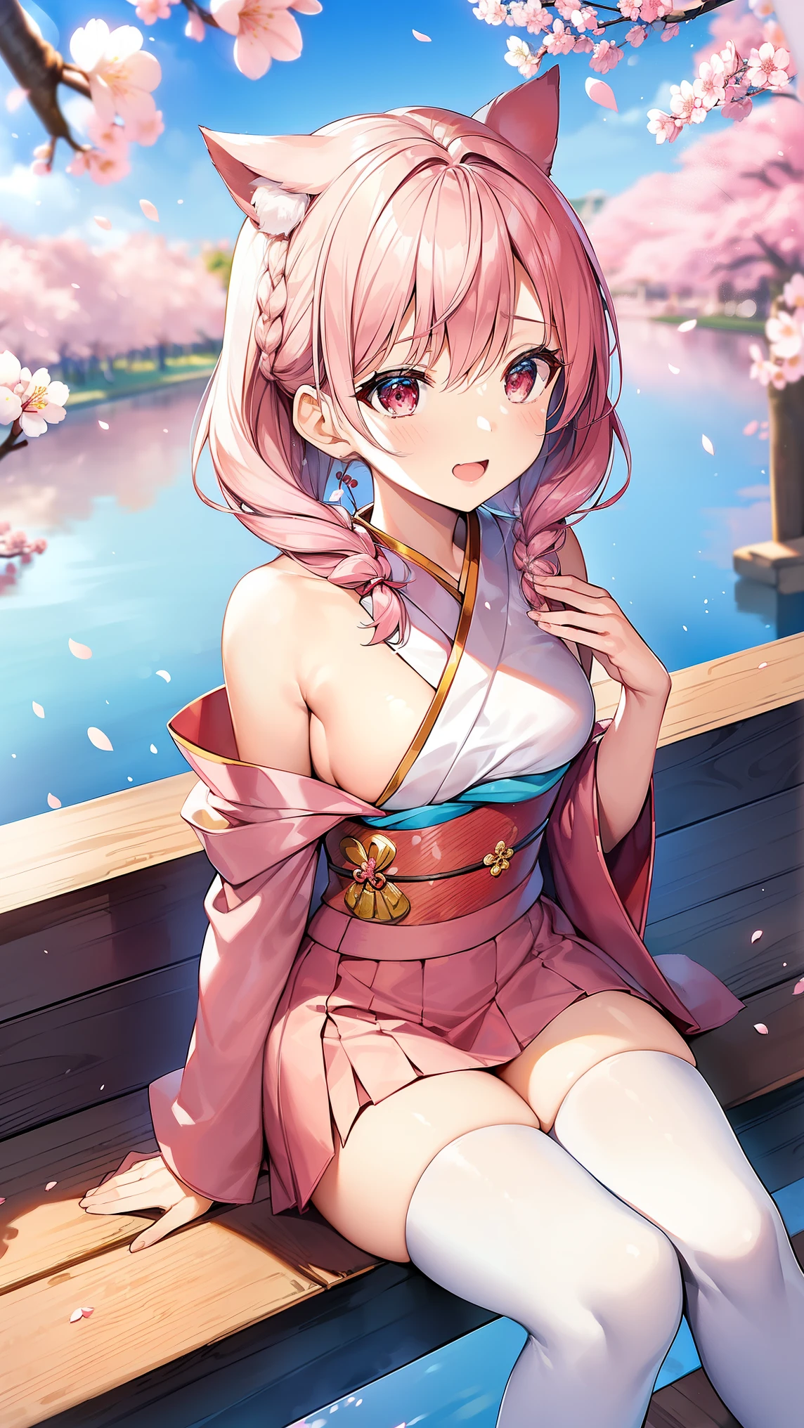 (female): solo, (perfect face), (detailed outfit), (20 years old), cute female, (bat ears), excited, (wide-eyed), (sitting in wariza style), platinum hair, medium hair, (side braid), hazel eyes, bronze skin, large chest_circumference, (red kimono), (pink skirt), (white thigh highs), (cherry blossom hair ornament), (obi), (chest ribbon)

(background): from below, outdoor, (cherry blossoms), (cherry blossom-lined avenue), (falling cherry blossom petals), (blue sky), (riverbank), afternoon, day

(effects): (masterpiece), (best quality), (sharp focus), (depth of field), (high res)