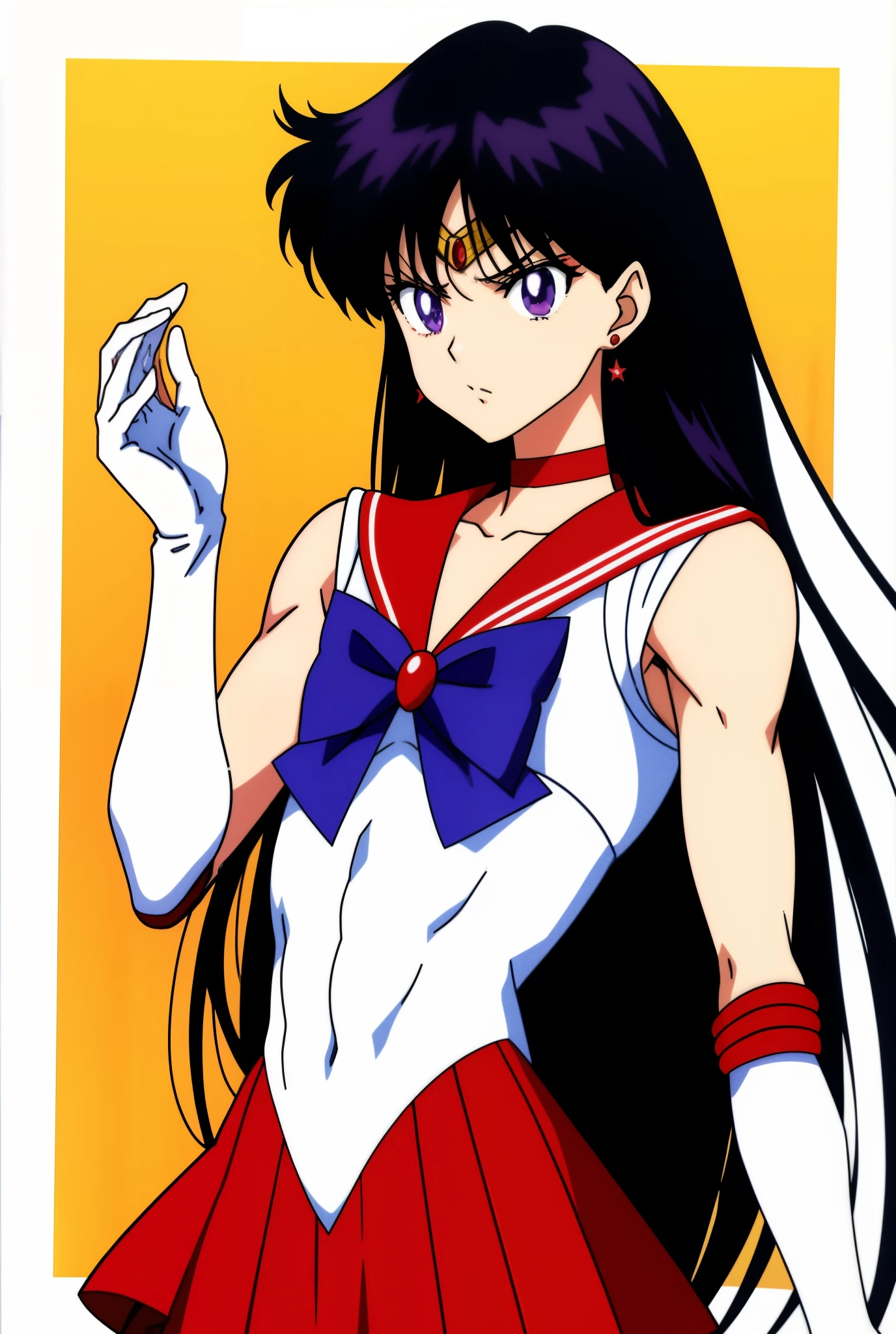 highest quality anime art、masterpiece、high definition anime art、4Kstyle、High resolution、sailor mars、anime boy、かっこいいanime boy、gender change、gender change(girl to boy)、sailor warrior uniform、Rei Hino、Masculinization、solo、red sailor collar、blue bow tie、boy with very long black hair、flames around him、skirt、magical boy、red choker、white leotard、high leg leotard、white dress, traditional_media、fire、liparker_(medium)、red skirt、neck、Upper body、burning、long gloves、wearing makeup、jewelry、golden circlet、glaring at、white gloves、eyelash、red lipstick、mocking、muscular man、flame、blue_bow、mini skirt、pleated skirt、bare shoulders、red_back_bow、muscular and strong body、blue_bow_tie、earrings、boy with purple eyes、black eyed boy、multicolored_background、covered_navel、(1990s\(style\):0.9)