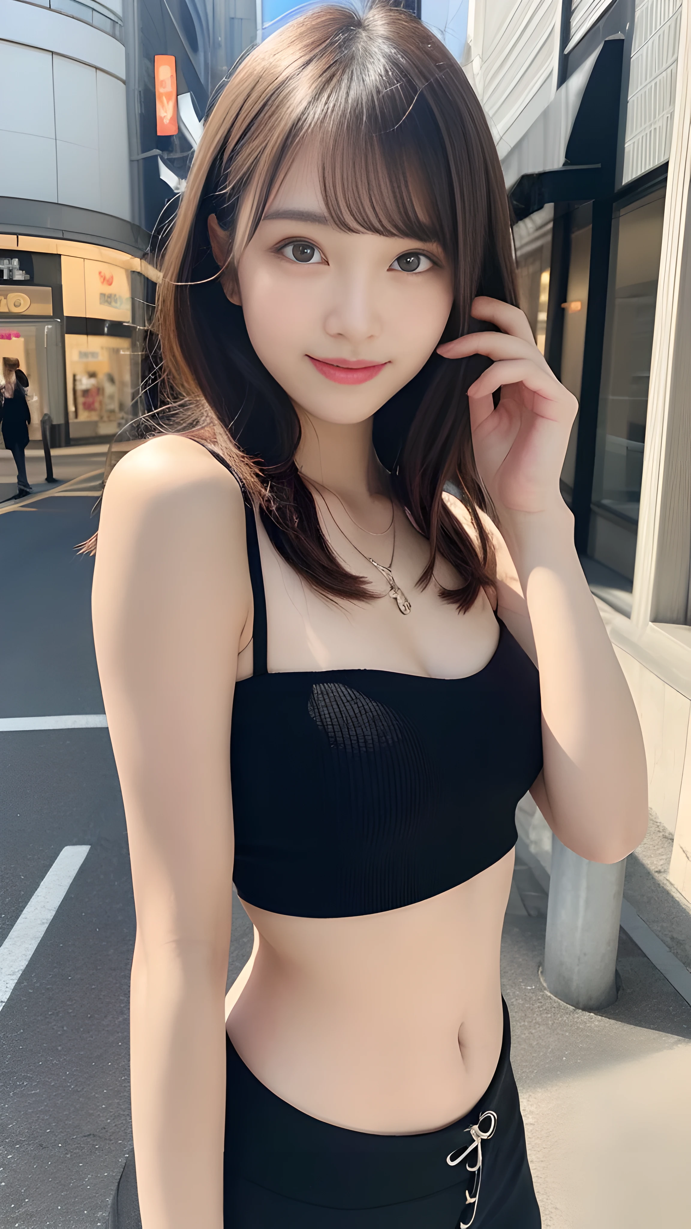 最high quality, shape, Super detailed, finely, High resolution, 8k wallpaper, 完璧なダイナミックな構shape, finelyて美しい目,wavy hair,、natural color lip, bold sexy pose,笑face, 20 year old girl、cute、sexy shot looking at camera,Ultra-realistic raw photos, hostess&#39;face、Clothes season is random, high quality、surreal、healthy、笑face、Slender perfect shape、beauty of japan、 necklace、perfect eyes beautiful skin、Upper body、The location is Shibuya, very thin waist, people々focus perfectly on, 