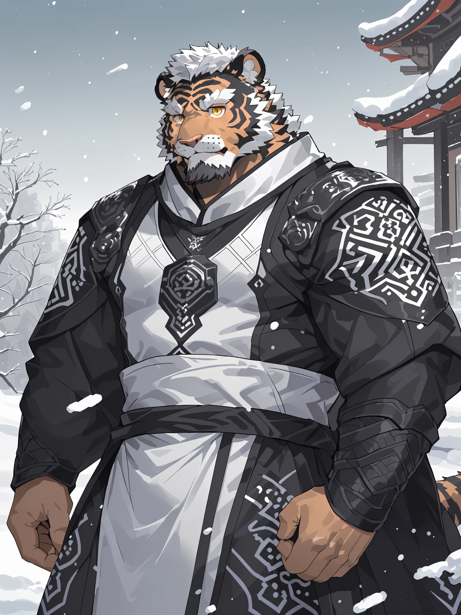 (white skintiger),(黑白阴阳general古代战袍),(Holding a long sword),Powerful posture,Standing calmly,(The background is a city covered with ice and snow:1.2),(abdominal muscles),heroic posture飒爽,完美的masterpiece,Various facial details,distance perspective,specific description,masterpiece,cg,(golden eyes),Black and white pattern,black and white tail,general,heroic posture,tiger,Black and white fur,Concrete facial details,Half body,(黑白阴阳general战履),(Chang Ling),((middle aged)),(face focus),(16k),HD,black and white belly,temple,beard,(Face lines),Different pupils,(Black and white yin and yang ancient war robe),(black and white hair),(Strong:1.2),(muscle:1.3),(high resolution:1.3),(Standing in front of the city covered with ice and snow),(Close up),(Detailed face:1.5),Perfect details,(Half body),(Detailed depiction of the face:1.5),(Zoom in on face:1.5),(白色Face lines:1.2),(黑色beard:1.3),(white face;1.6),white body,(white skin，black strips:1.3),(White cheeks:1.5),(The skin color on the face is white:1.3)