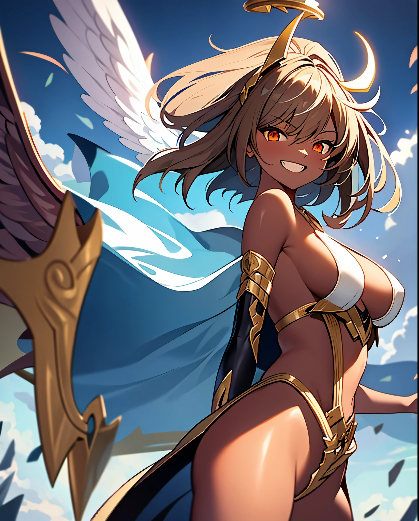fantasy, 1angel_girl,, ,brown_hair, medium_bob_hair, long_bangs, halo,bare_shoulder,thighhighs,silver_armor, waist_armor, large_breasts,angry,grinning,open_mouth_teeth, 1pair_wings, dynamic_pose_fighting,floating, bare_crotch, headgear,gauntlet, greaves,city_sky_background,slightly_spread_legs, solo, groin_naked,dark_skin,