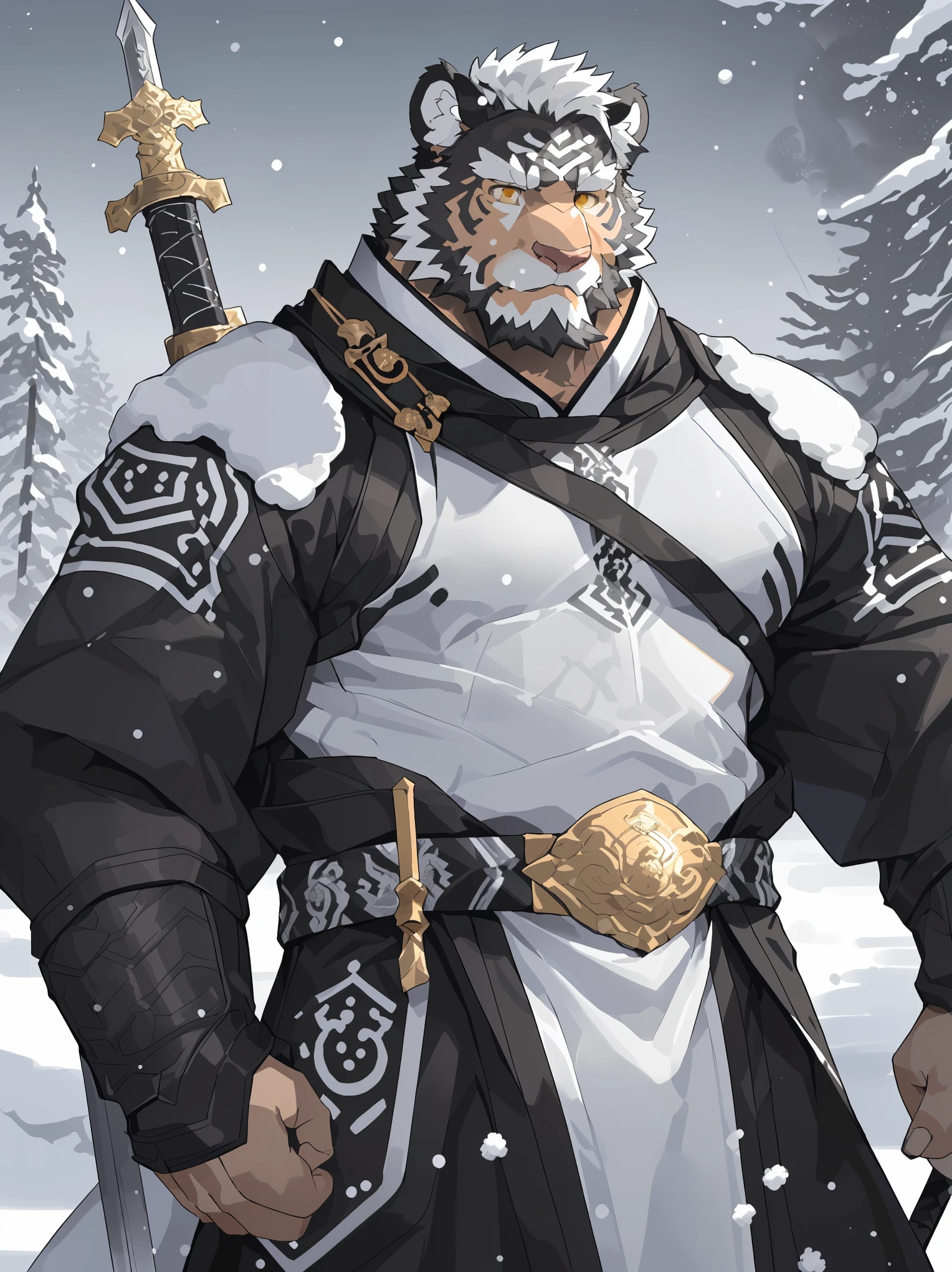 (white skintiger),(黑白阴阳general古代战袍),(Holding a long sword),Powerful posture,Standing calmly,(The background is a city covered with ice and snow:1.2),(abdominal muscles),heroic posture飒爽,完美的masterpiece,Various facial details,distance perspective,specific description,masterpiece,cg,(golden eyes),Black and white pattern,black and white tail,general,heroic posture,tiger,Black and white fur,Concrete facial details,Half body,(黑白阴阳general战履),(Chang Ling),((middle aged)),(face focus),(16k),HD,black and white belly,temple,beard,(Face lines),Different pupils,(Black and white yin and yang ancient war robe),(black and white hair),(Strong:1.2),(muscle:1.3),(high resolution:1.3),(Standing in front of the city covered with ice and snow),(Close up),(Detailed face:1.5),Perfect details,(Half body),(Detailed depiction of the face:1.5),(Zoom in on face:1.5),(白色Face lines:1.2),(黑色beard:1.3),(white face;1.6),white body,(white skin,black strips:1.3),(White cheeks:1.5),(The skin color on the face is white:1.3)